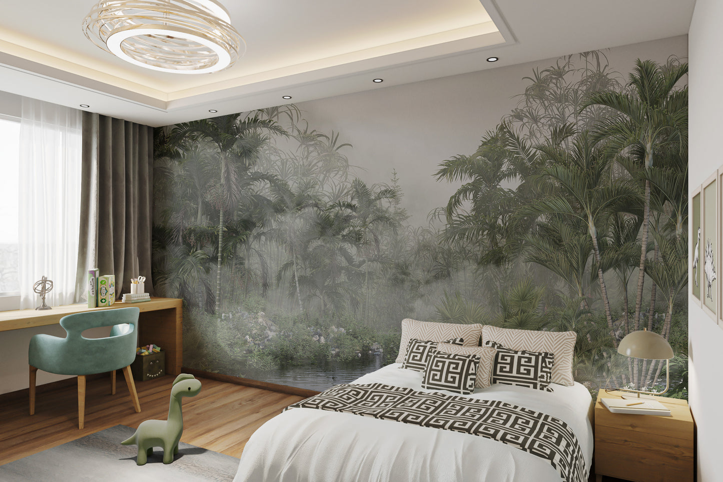 Misty tropical forest wallpaper for bedrooms.