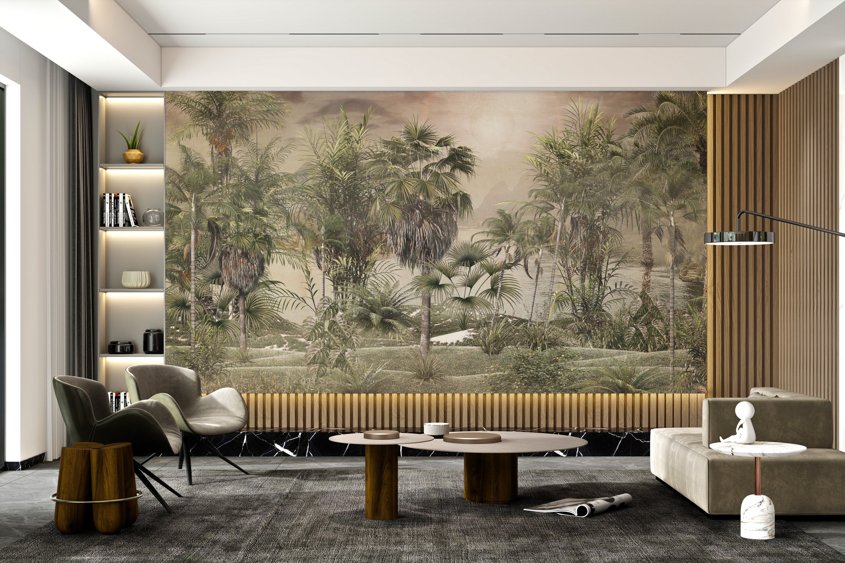 Tropical foggy rainforest mural with sunlit atmosphere