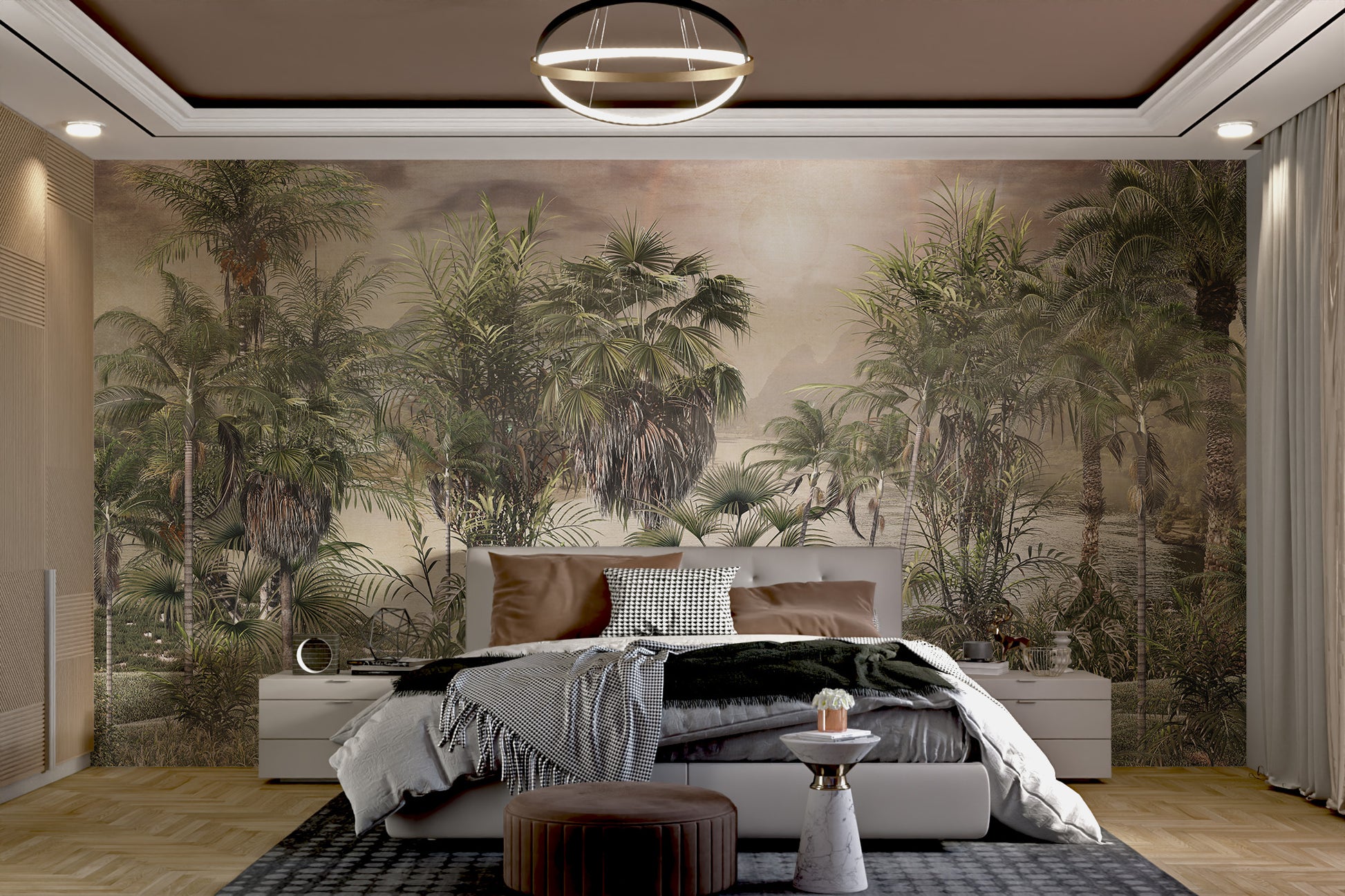 Tropical rainforest mural with fog and sunny highlights