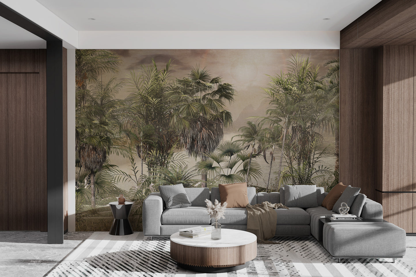 Foggy rainforest and sunlit tropical wall mural design