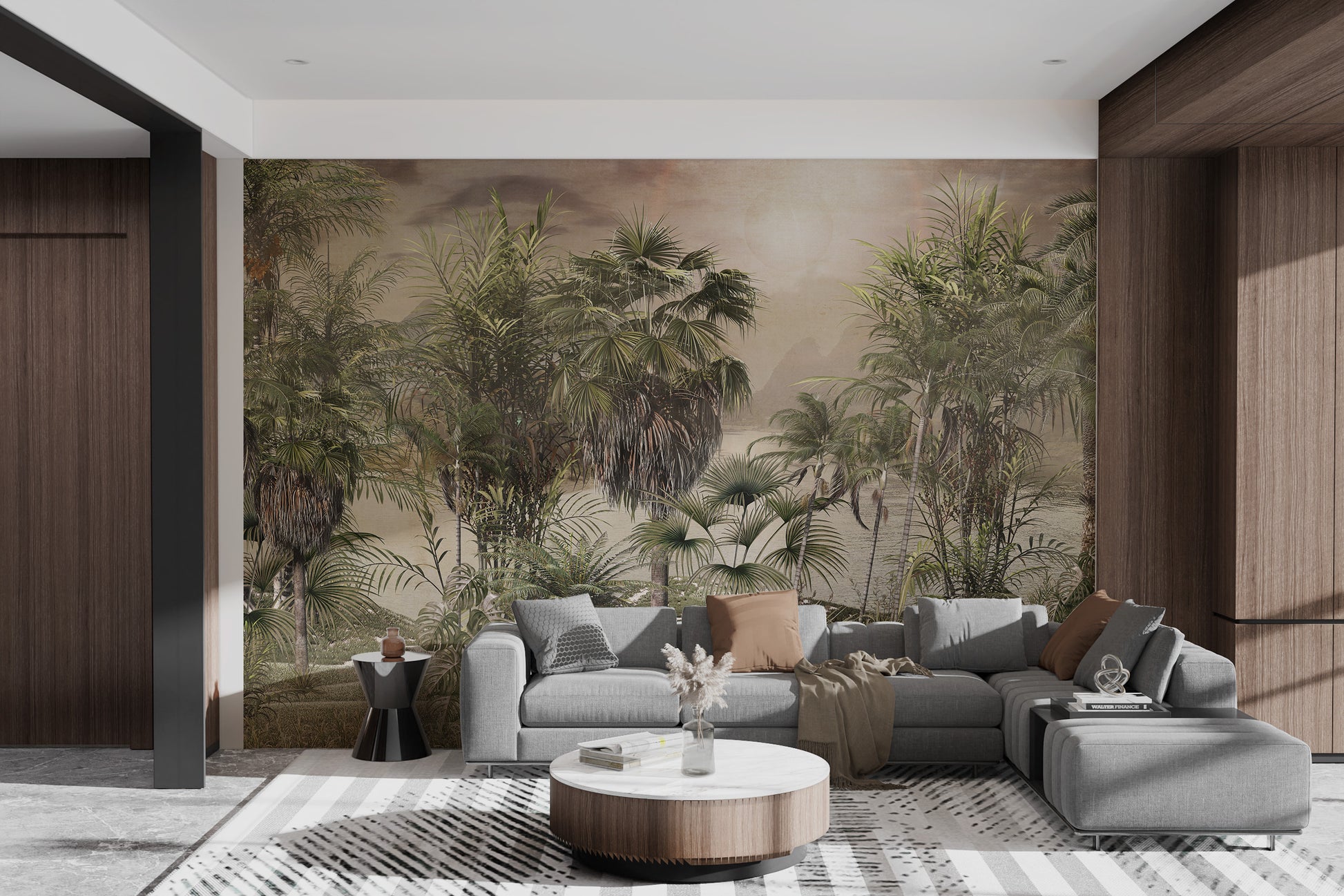 Foggy rainforest and sunlit tropical wall mural design