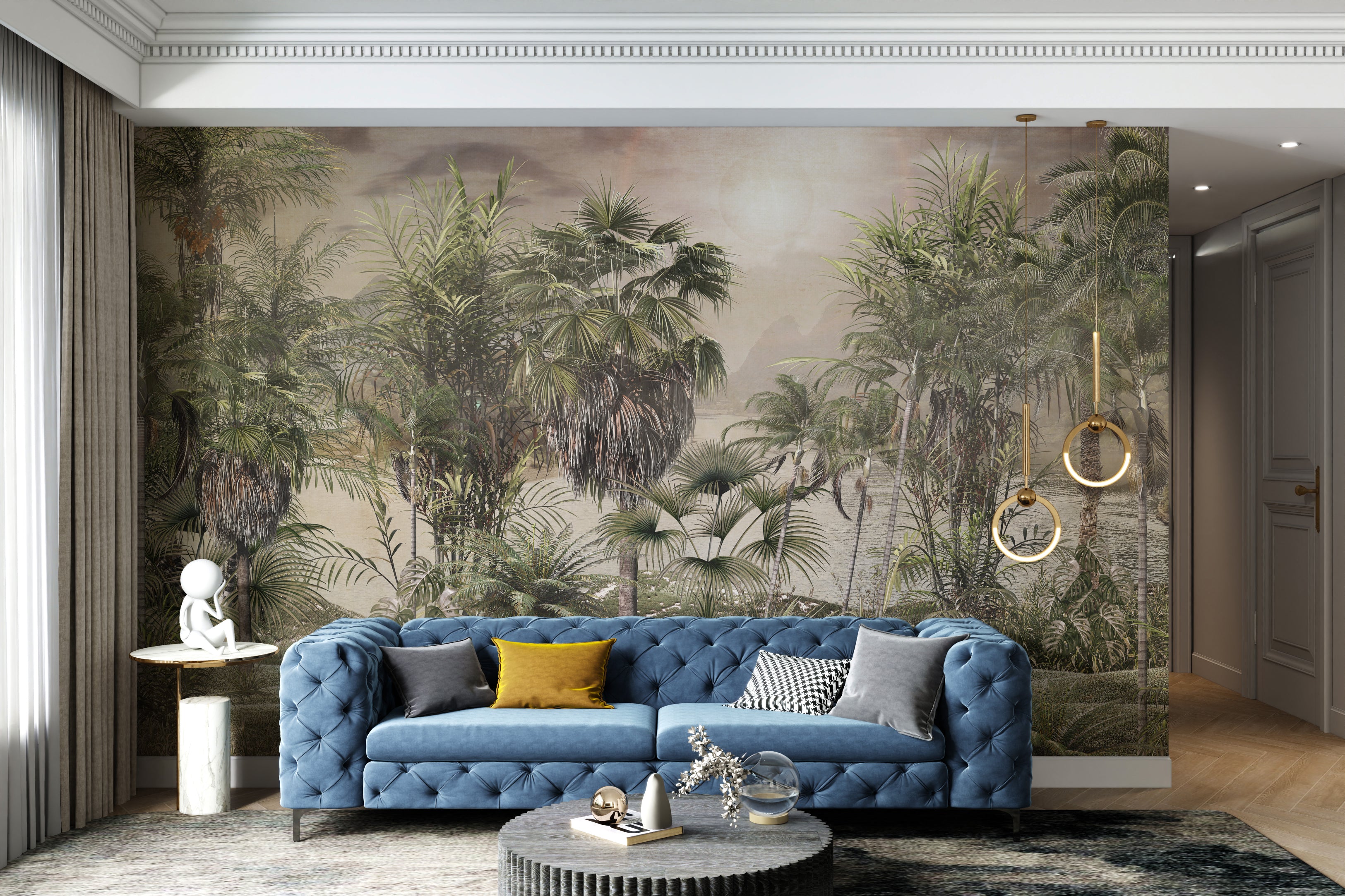 Tropical wall mural of foggy rainforest and sunny glow