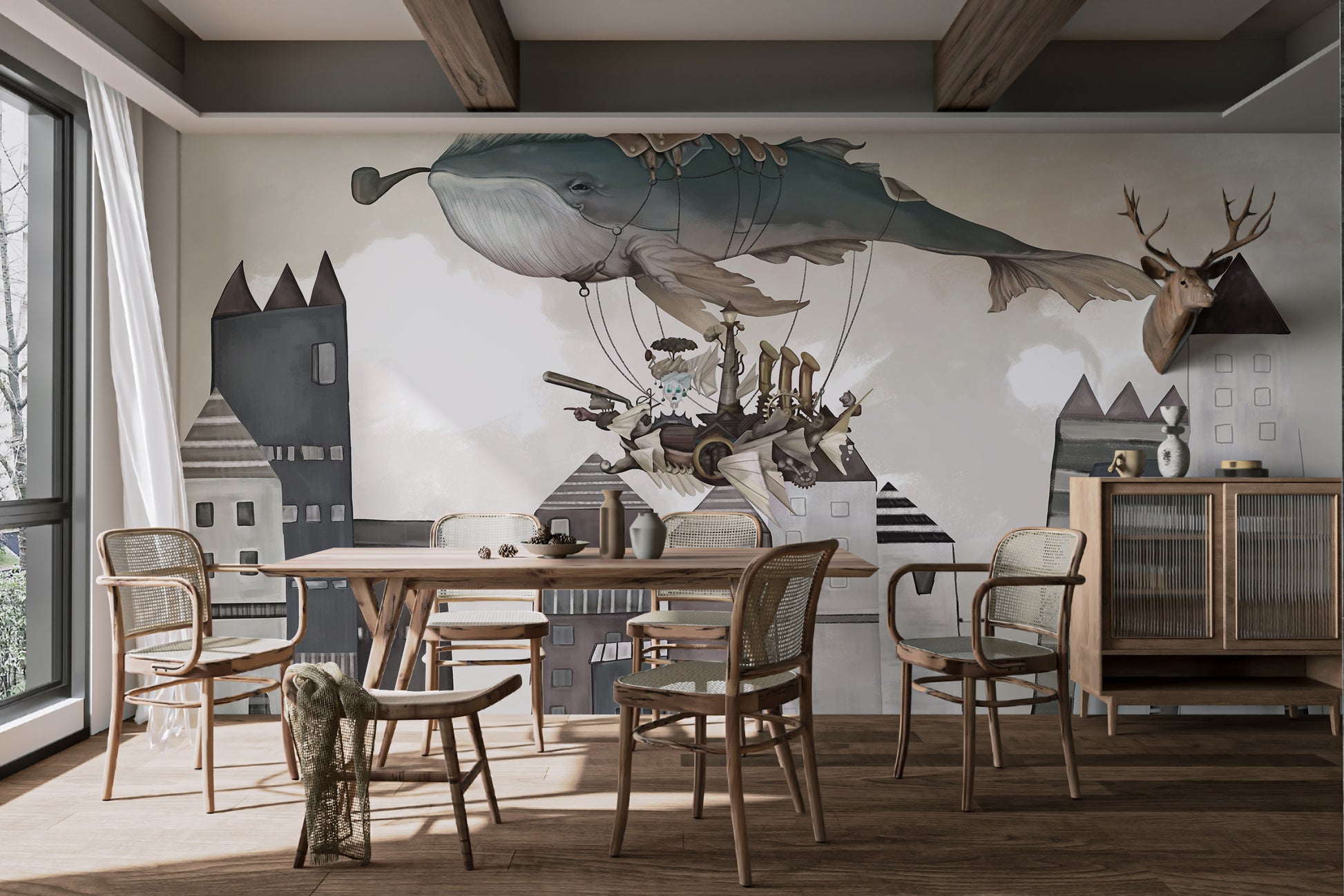 Flying whale thief and ship-themed wall wallpaper