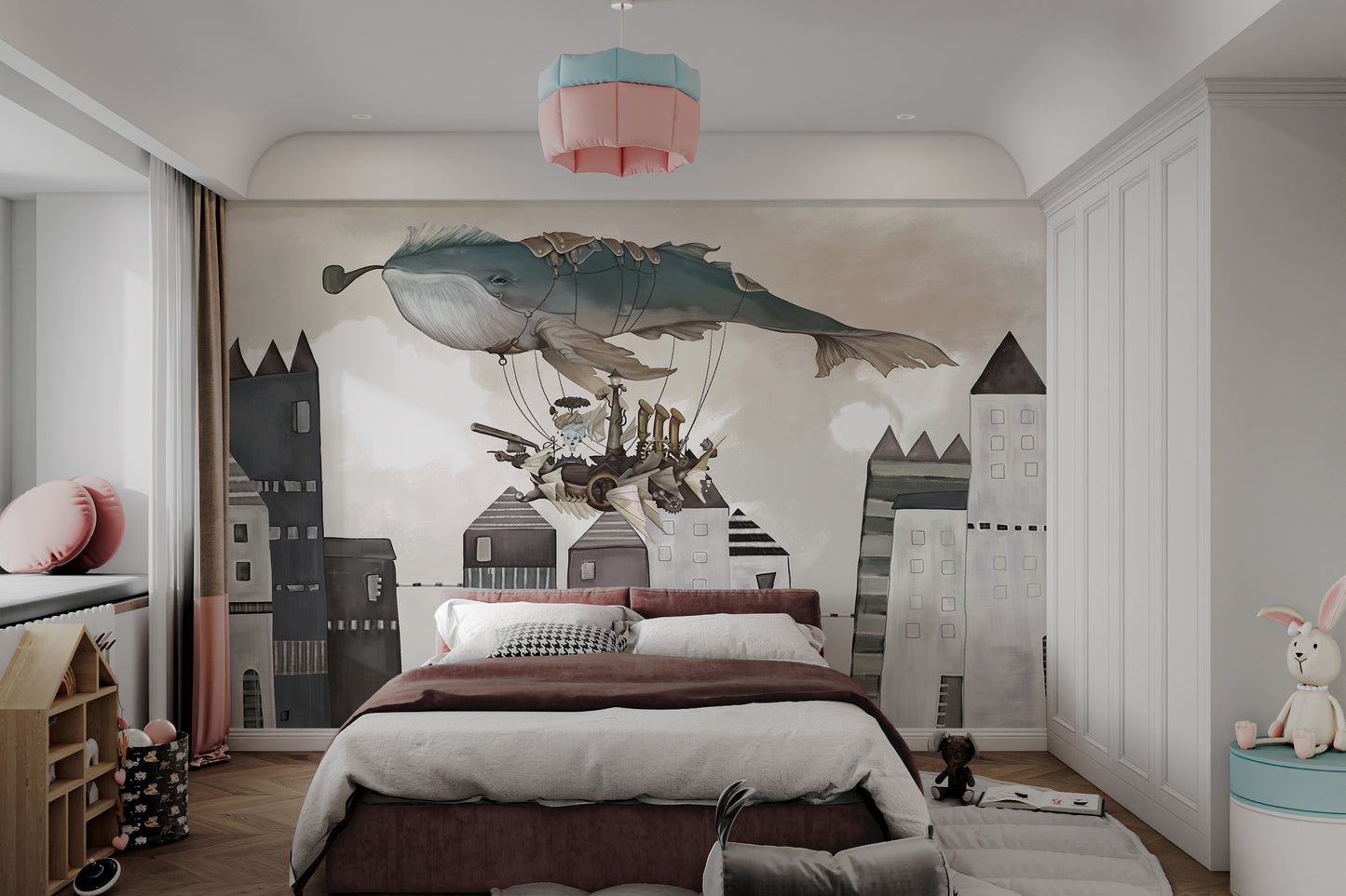 Flying whale and vintage ship fantasy wallpaper