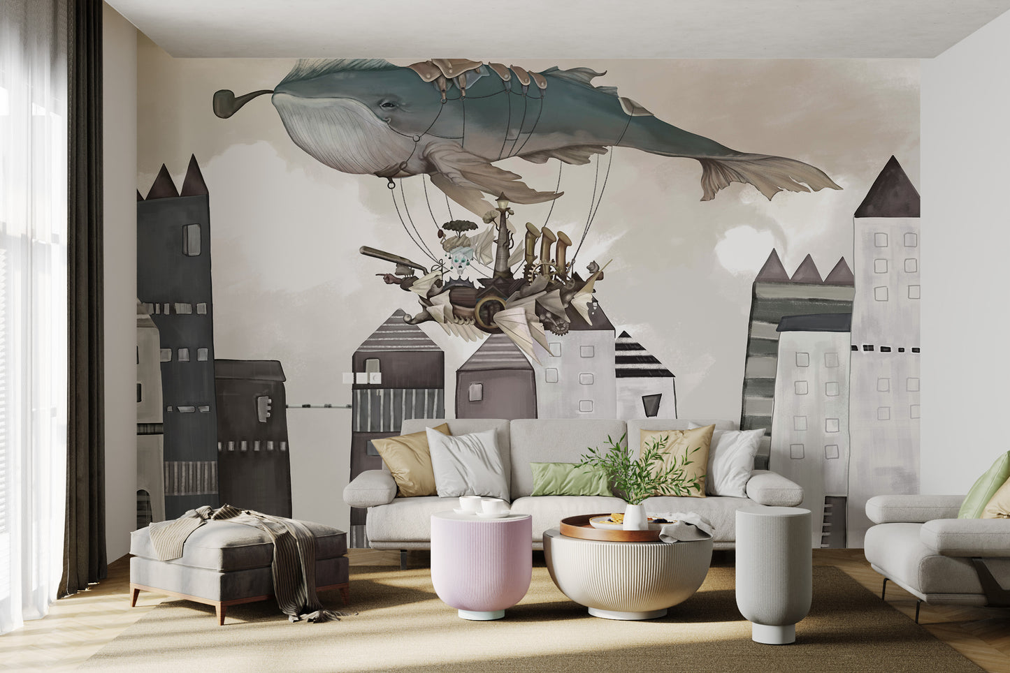 Vintage ship and flying whale mural for walls