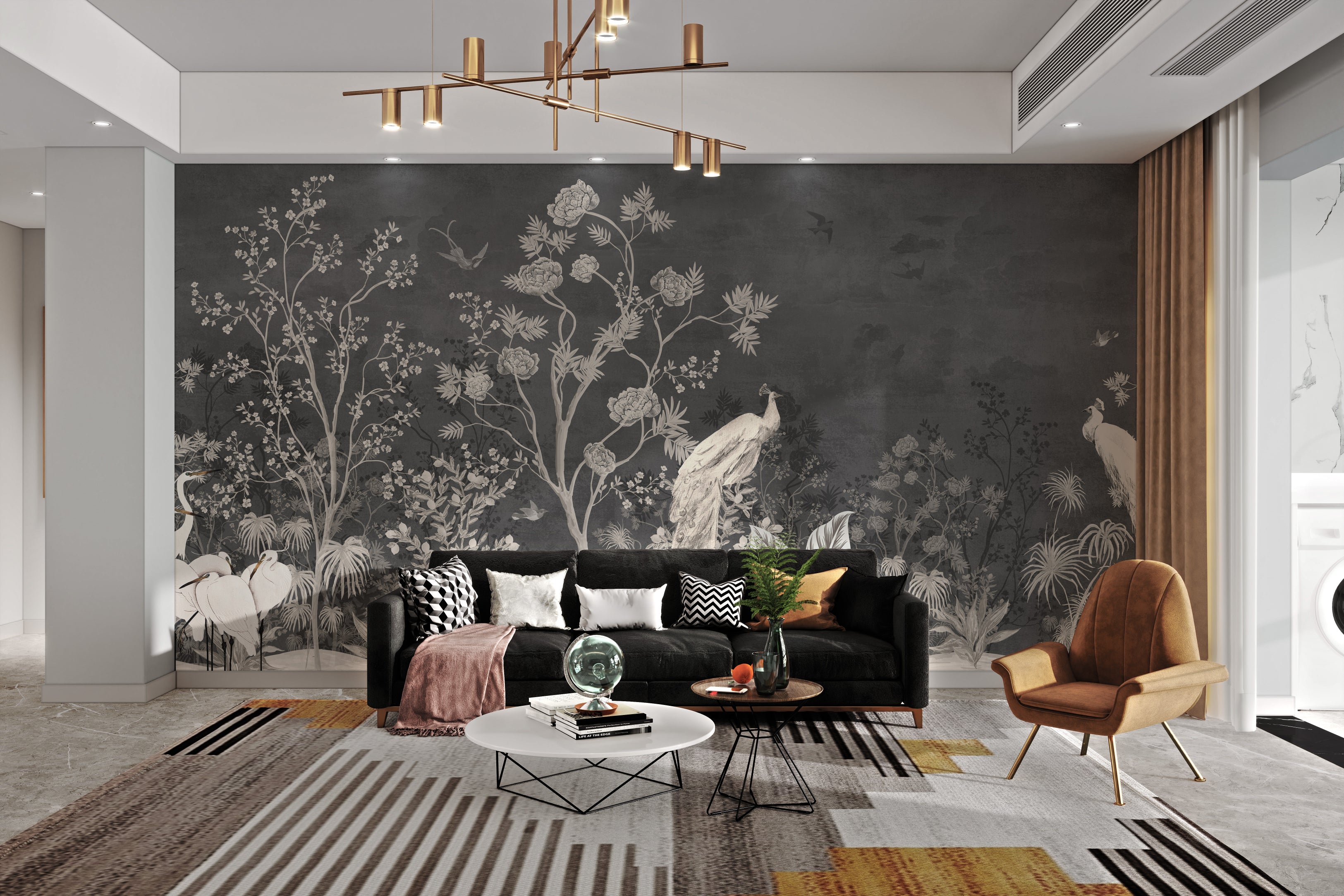 Black wallpaper with vintage jungle peacock design