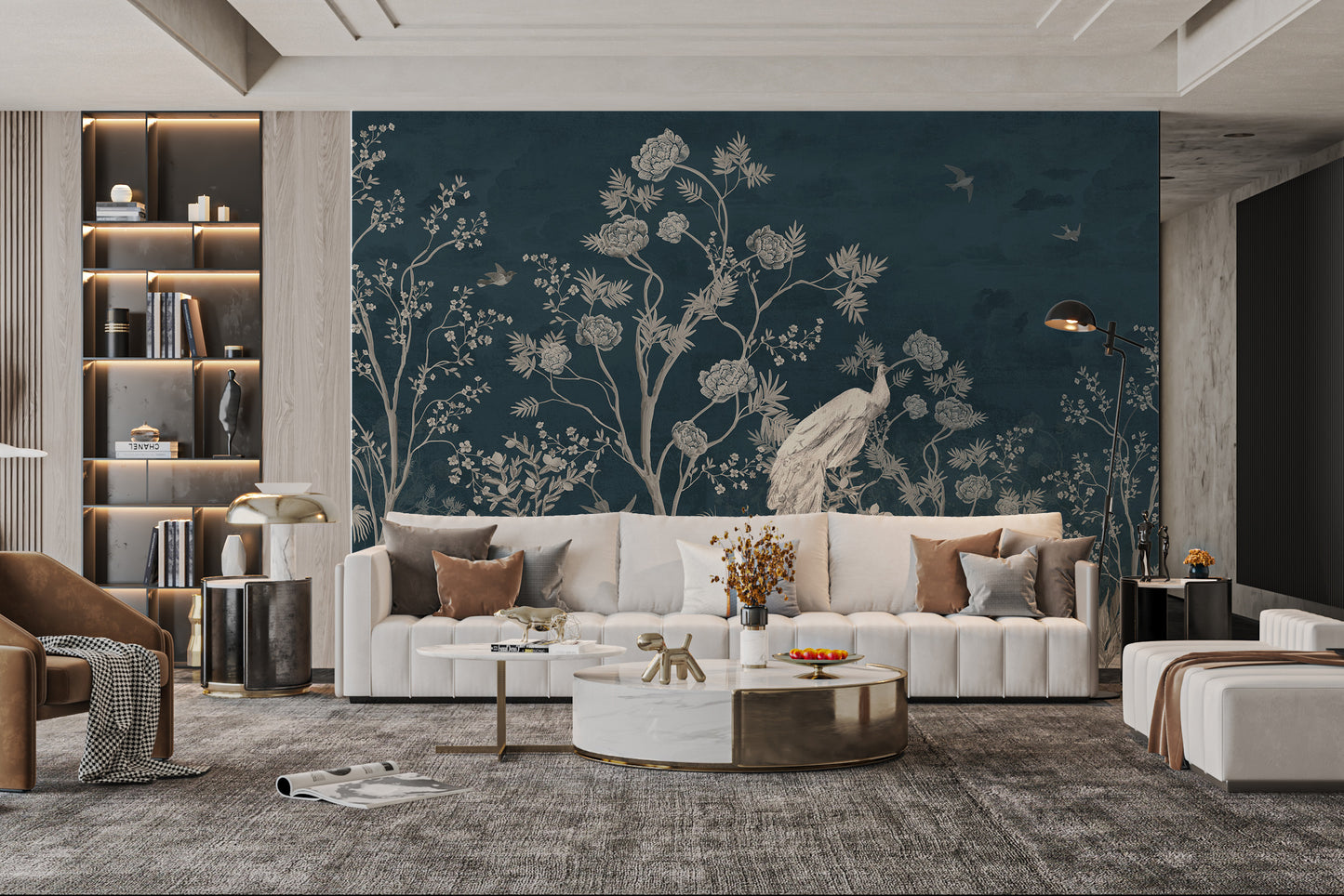 Blossom design in blue Chinoiserie peel-and-stick wallpaper