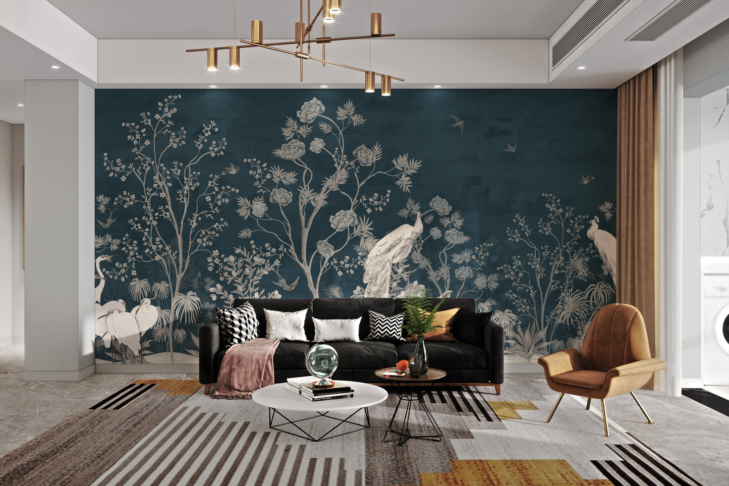 Sophisticated Chinoiserie blue blossom wall covering