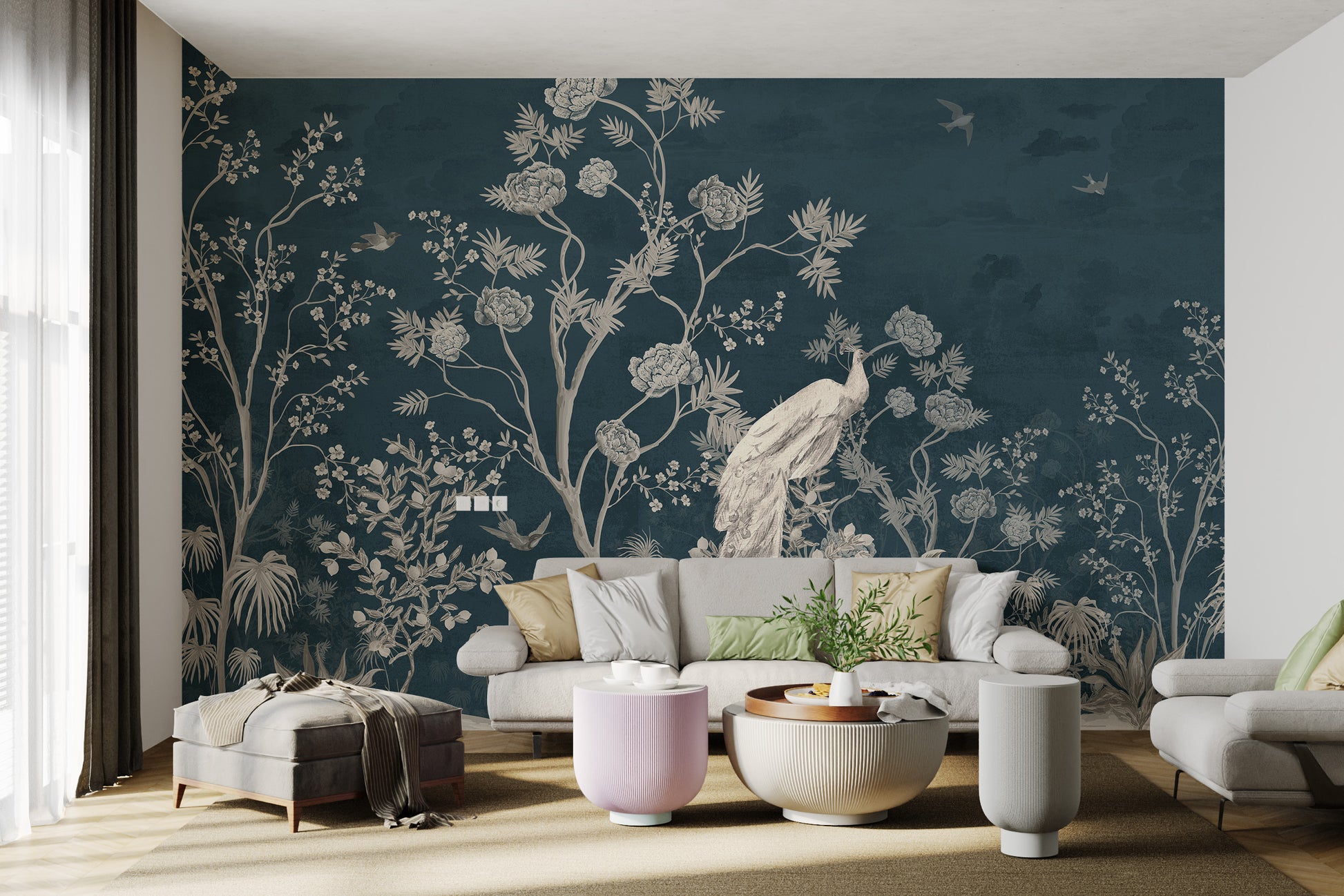 Chinoiserie peel-and-stick wallpaper with blue blossoms