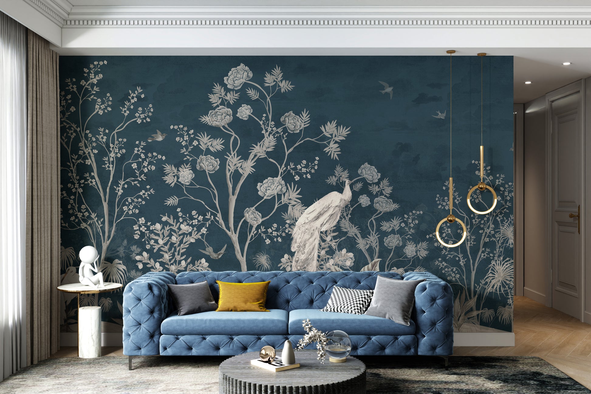 Peel-and-stick wallpaper with blue Chinoiserie blossoms