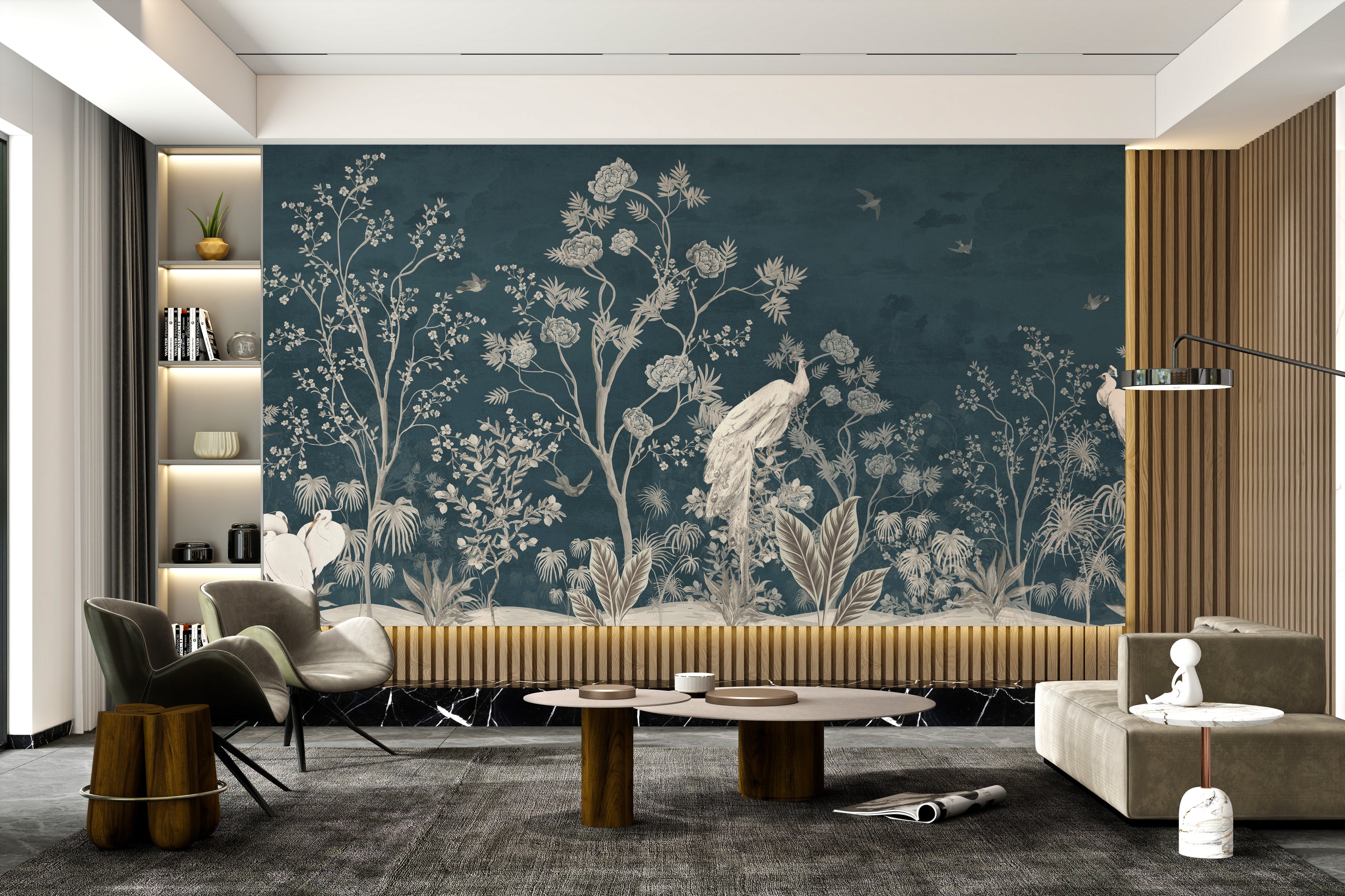 Blue Chinoiserie mural featuring delicate blossoms