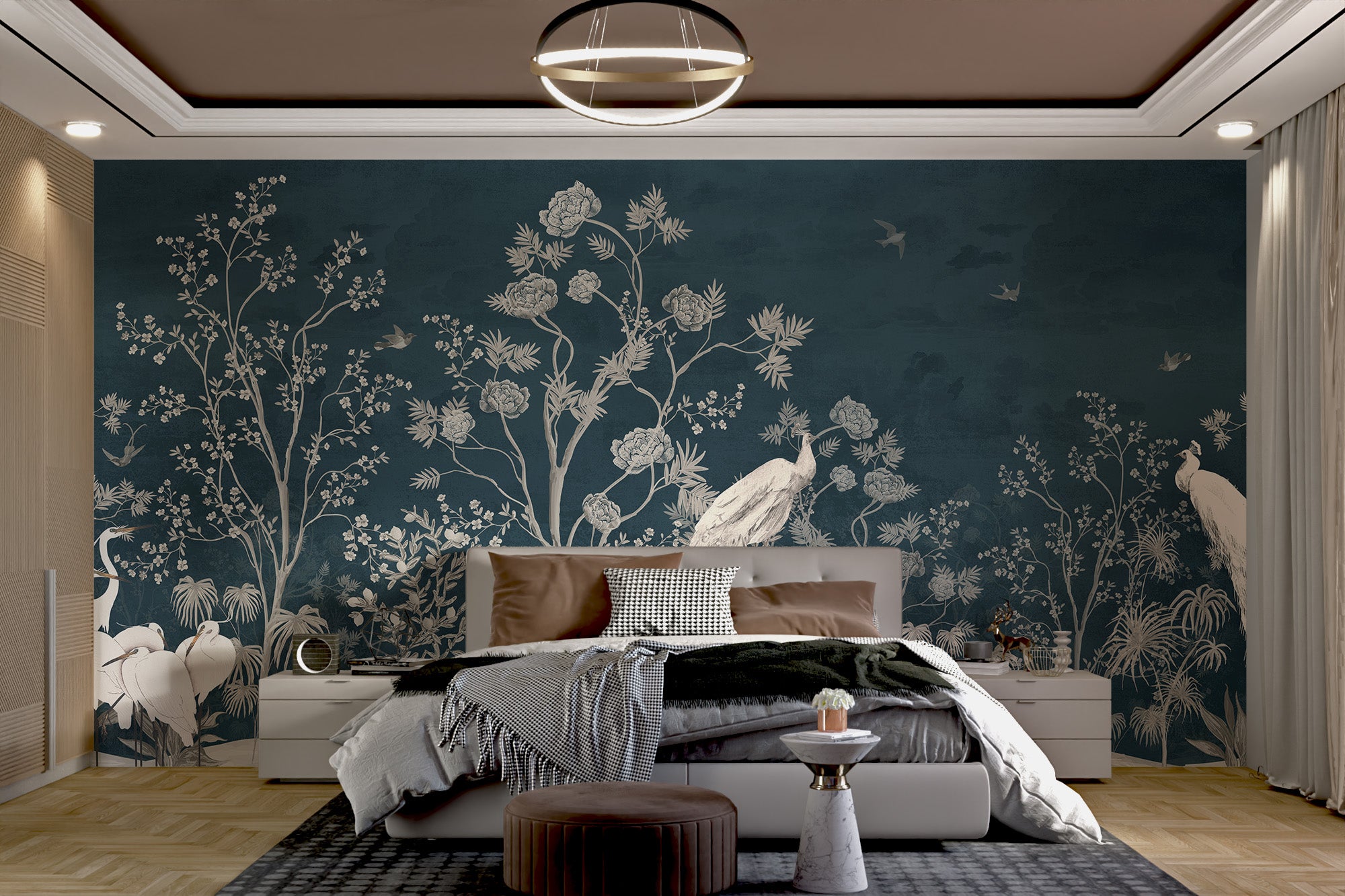 Blue blossoms in Chinoiserie-style adhesive wallpaper