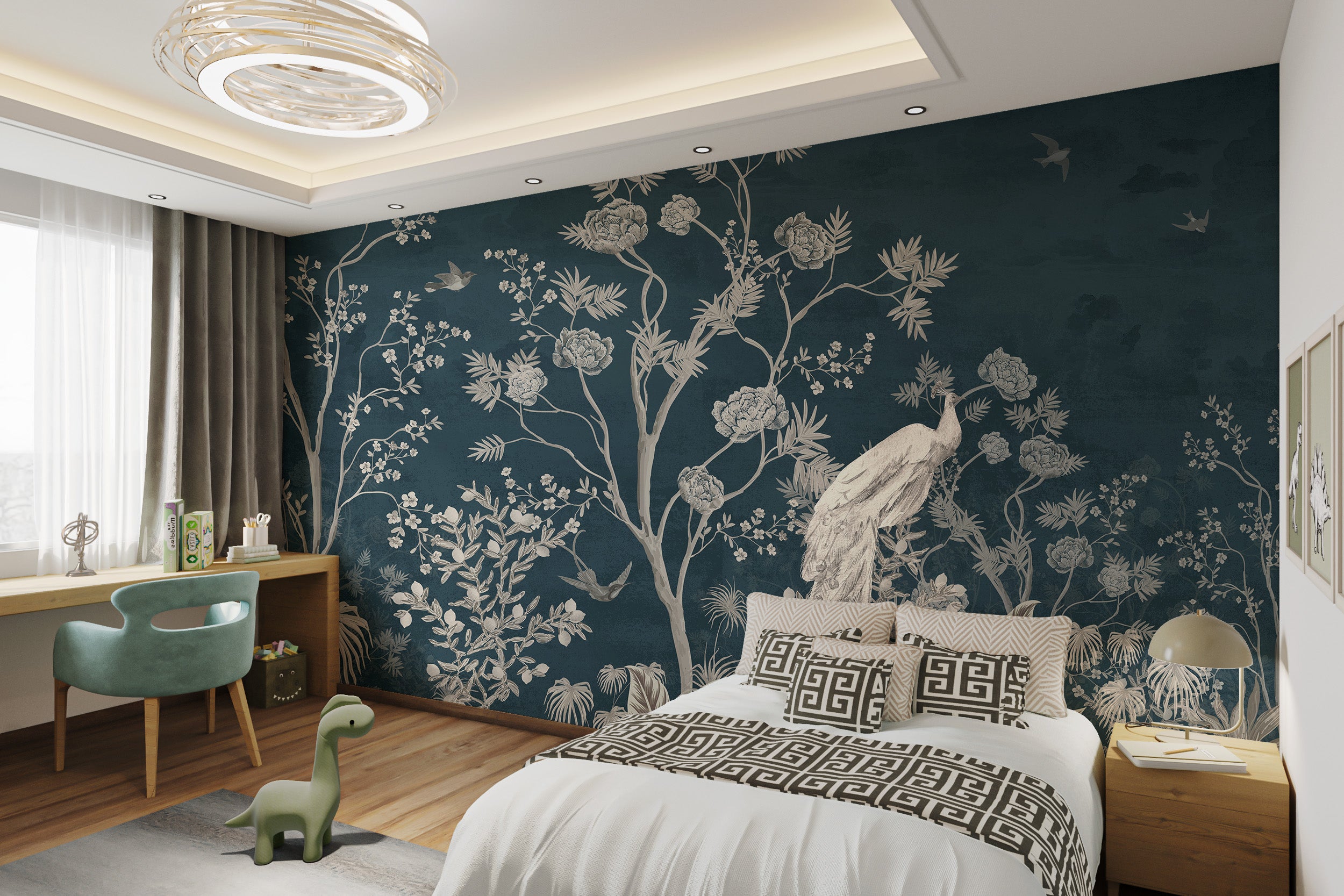 Blue Chinoiserie wallpaper with blossom peel-and-stick