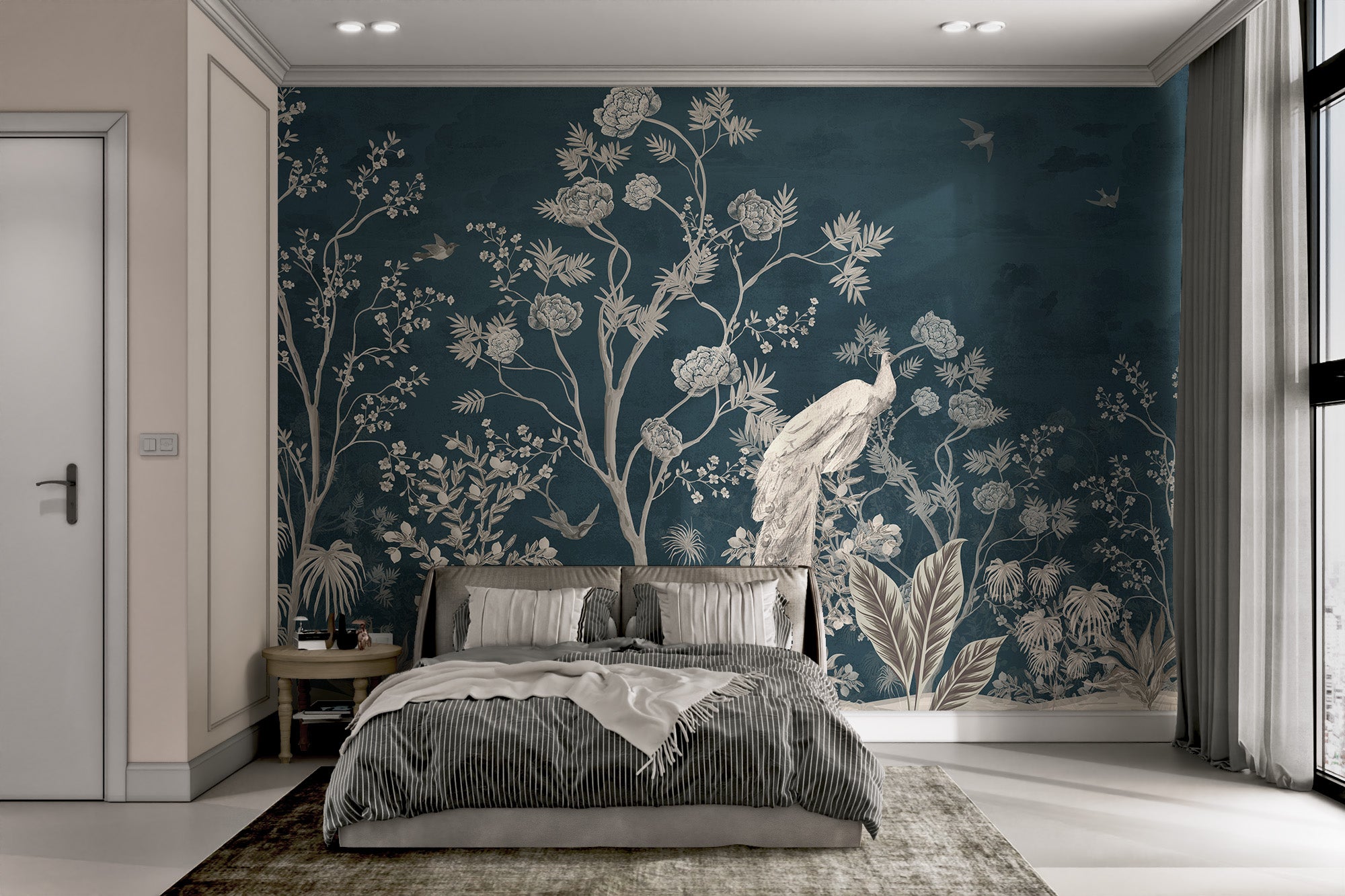 Elegant blue blossom Chinoiserie peel-and-stick mural