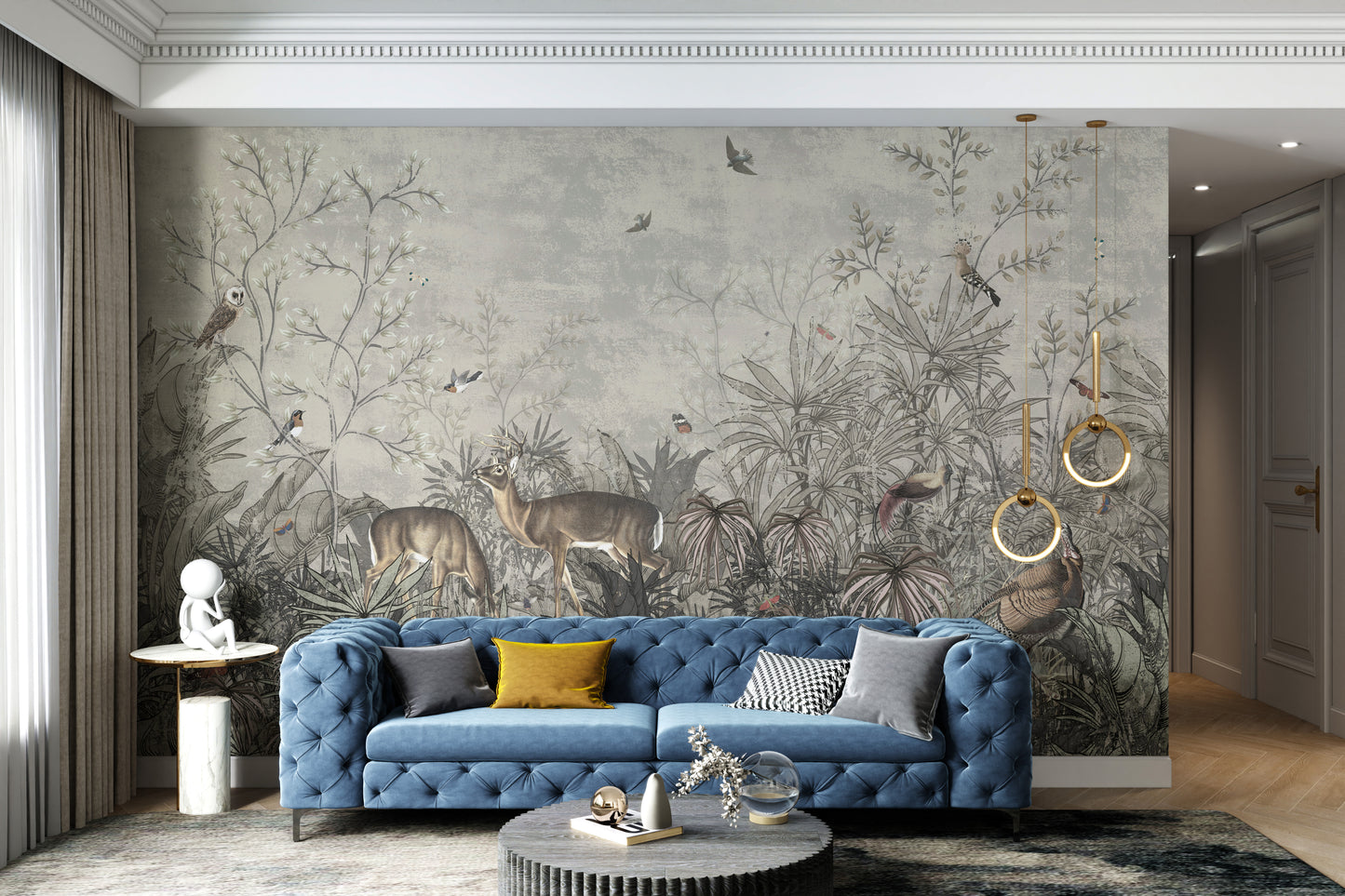 Decorative wallpaper with birds, deer, and tropical plants