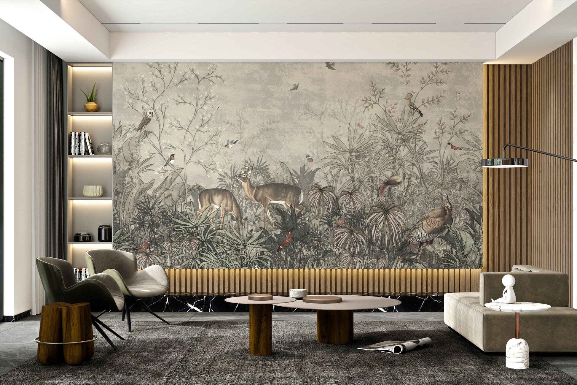 Tropical wallpaper with plants, Turkish rooster, and deer