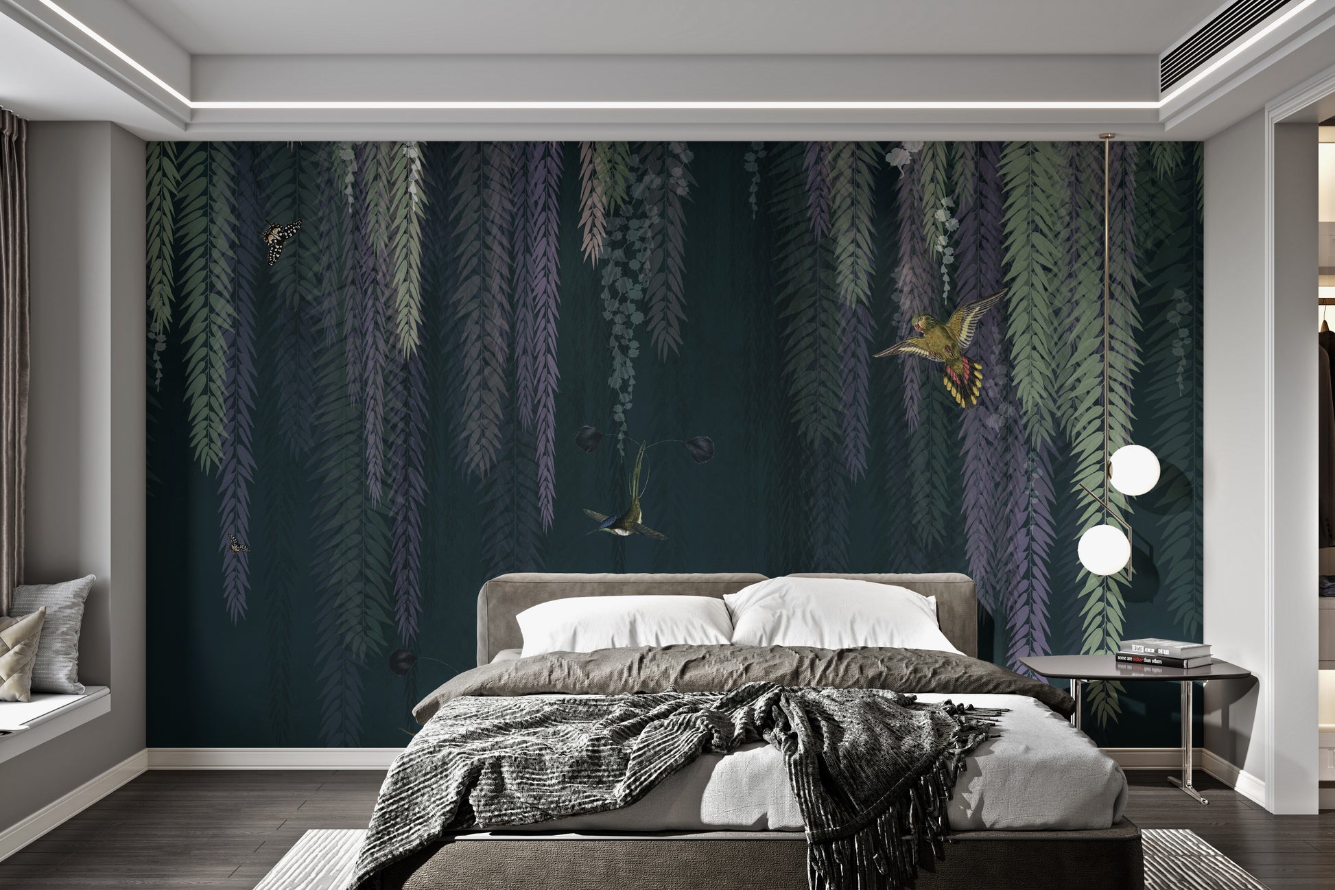 Tropical birds with hanging green leaves wall mural