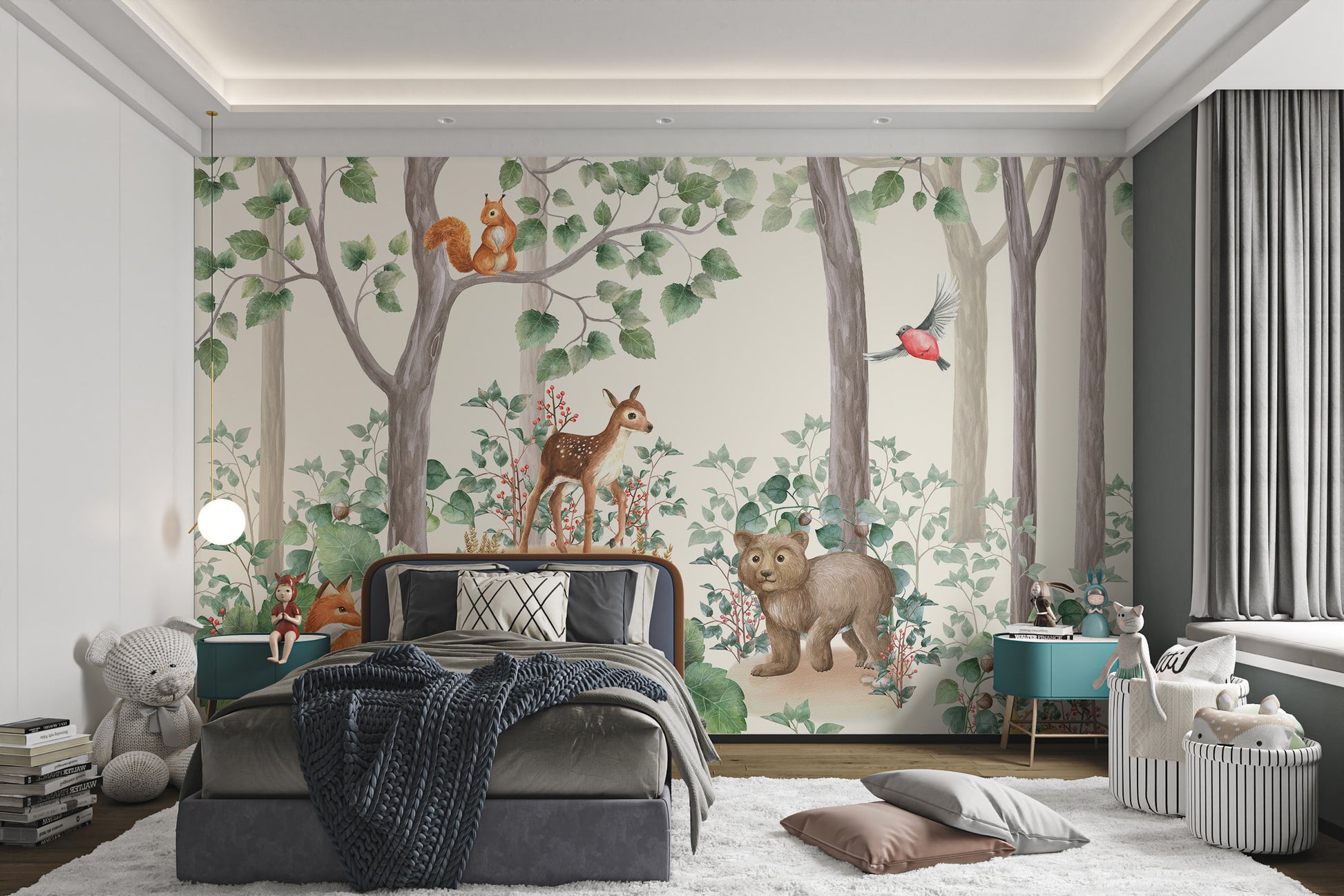 Watercolor forest wallpaper with animals for kids' rooms