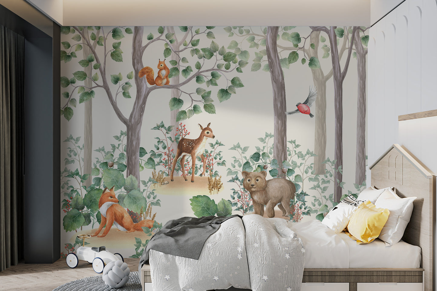 Kids' room wallpaper featuring watercolor animals and forest