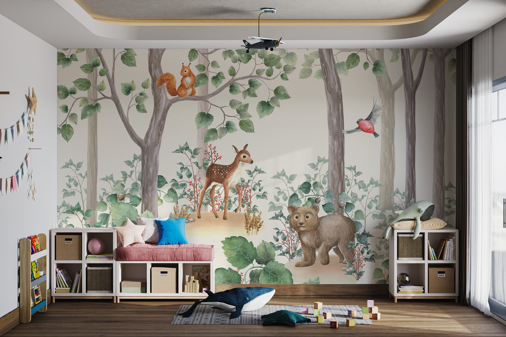 Forest wallpaper with watercolor animals for children’s walls