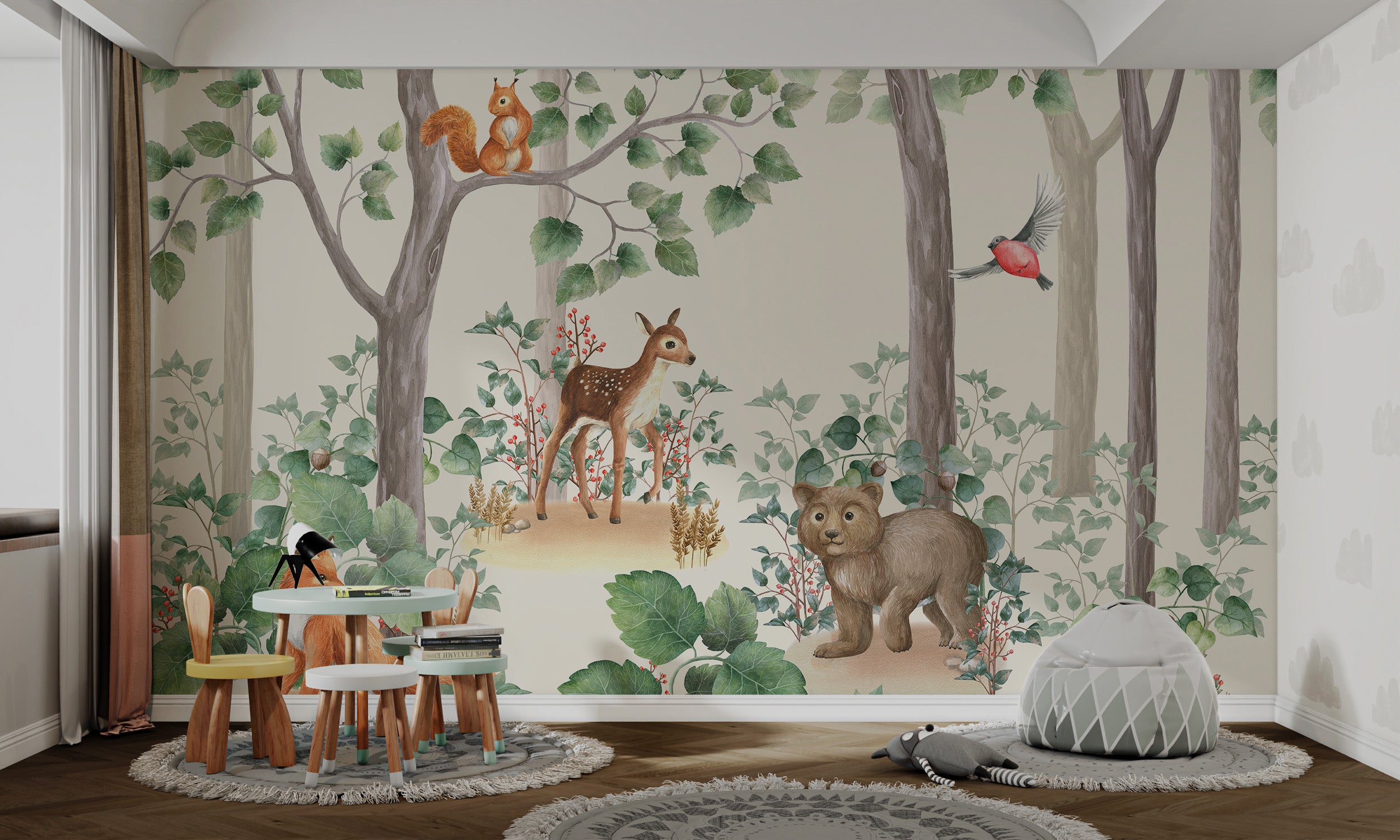 Playful kids' wallpaper with watercolor animals in a forest