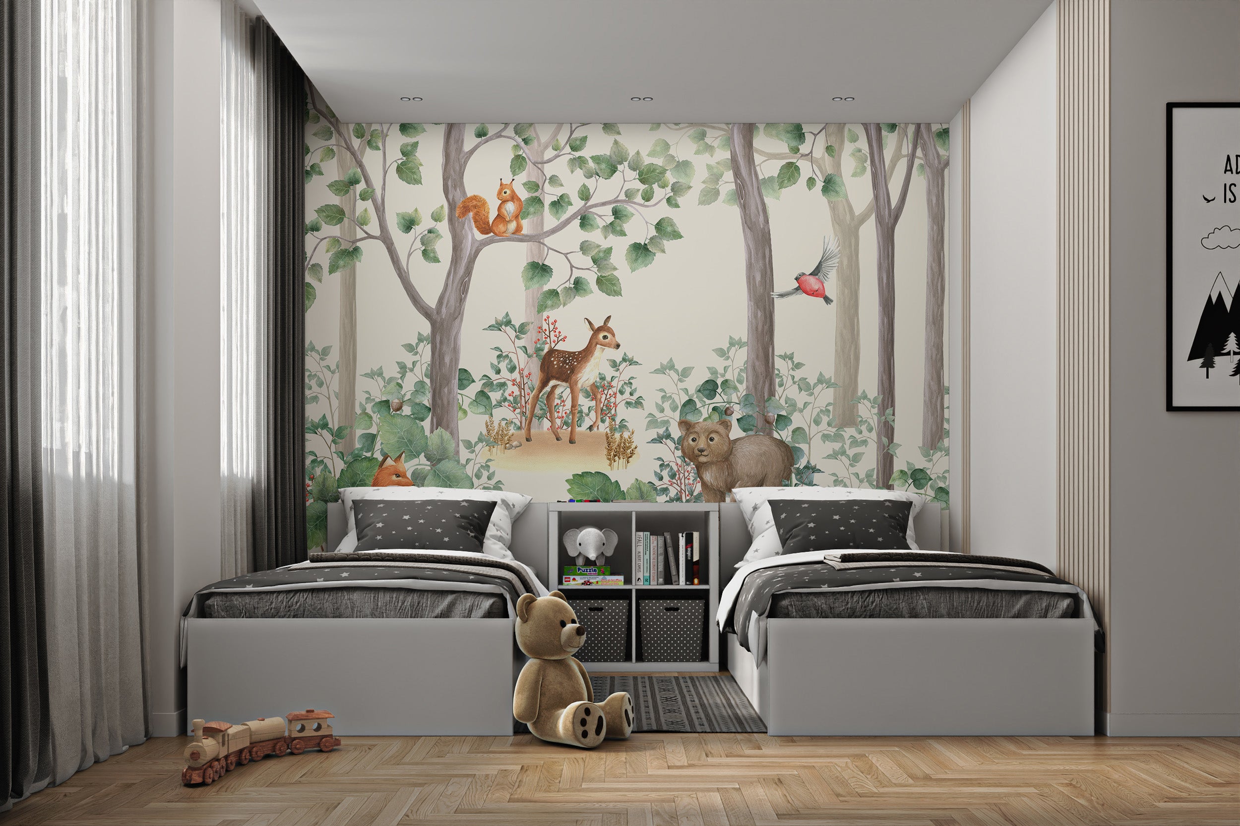 Watercolor animal-themed forest wallpaper for kids' rooms