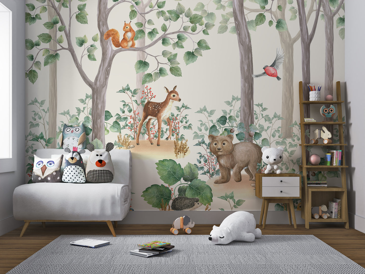 Whimsical forest wallpaper with watercolor animals for walls