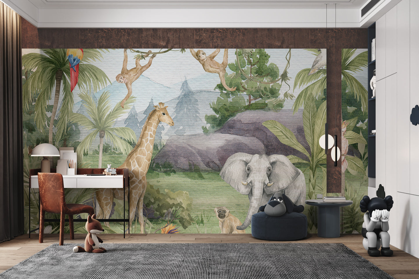 Vibrant wallpaper featuring African animals in watercolor