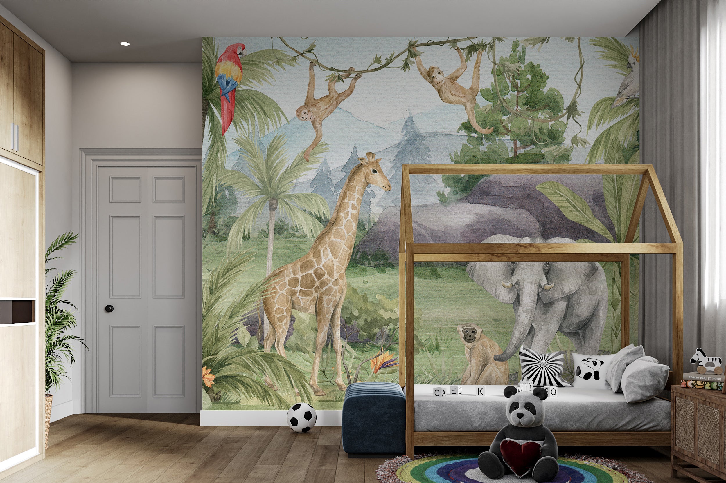 Safari-themed wallpaper featuring watercolor animals