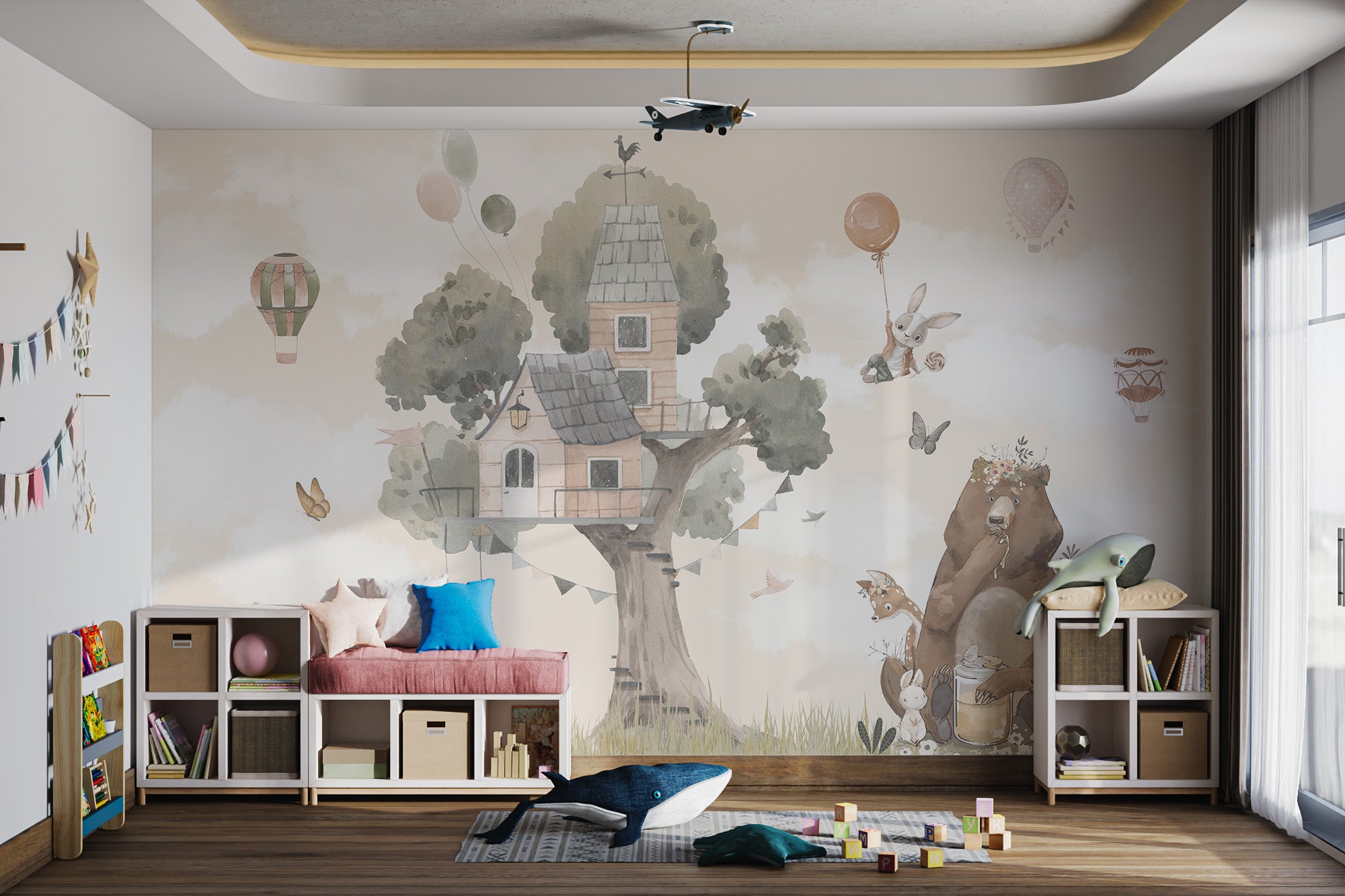 Watercolor wallpaper with adorable animals and treehouse