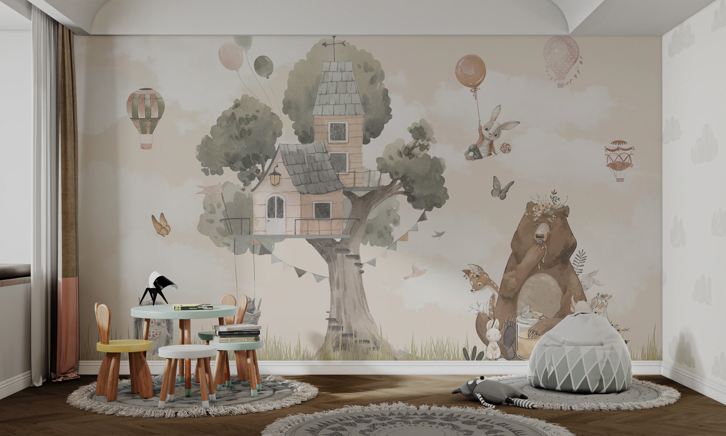 Cute animals and treehouse watercolor wallpaper for kids