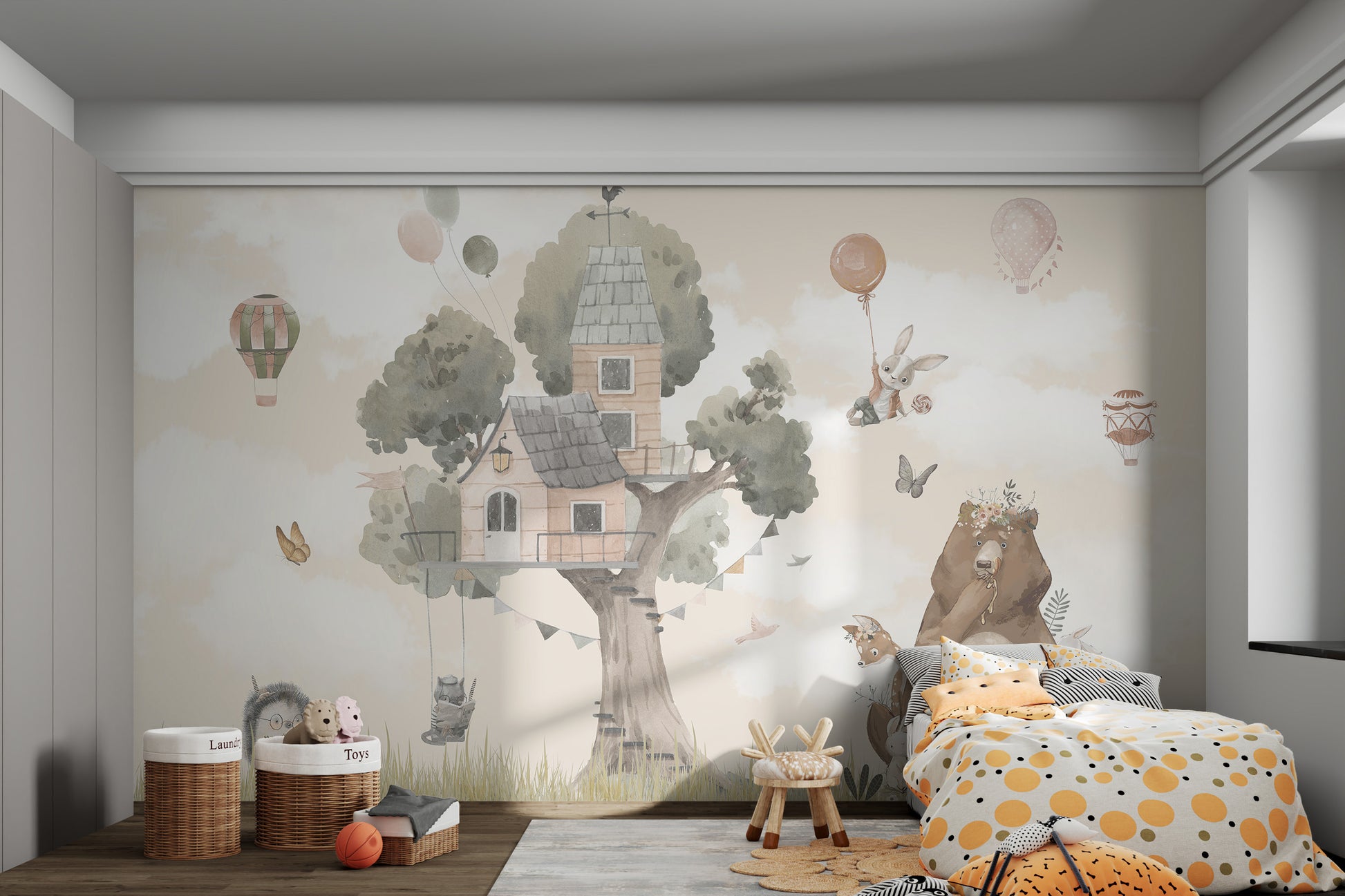 Treehouse-themed wallpaper with watercolor animals design