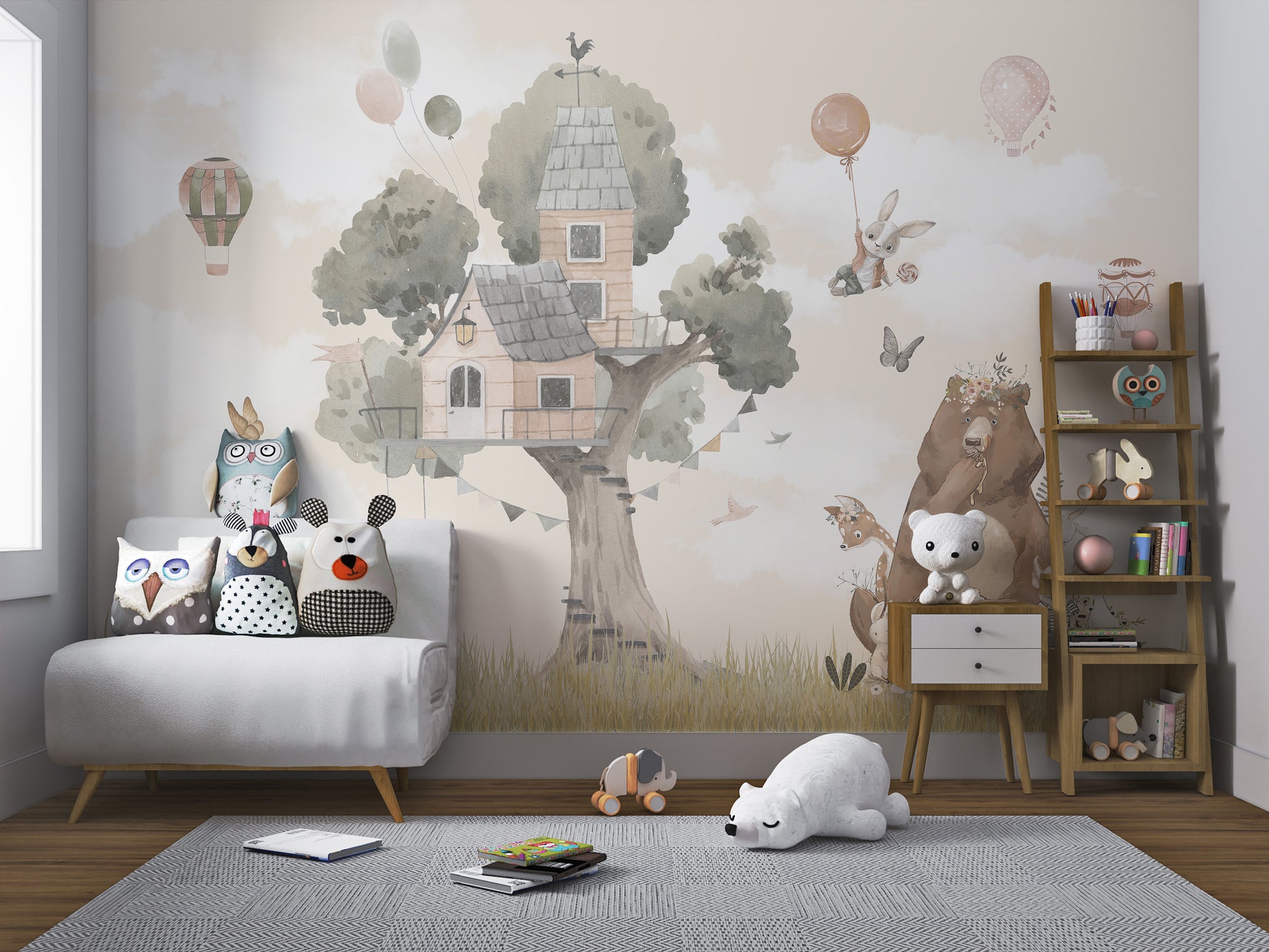 Kids' room wallpaper featuring watercolor animals and trees