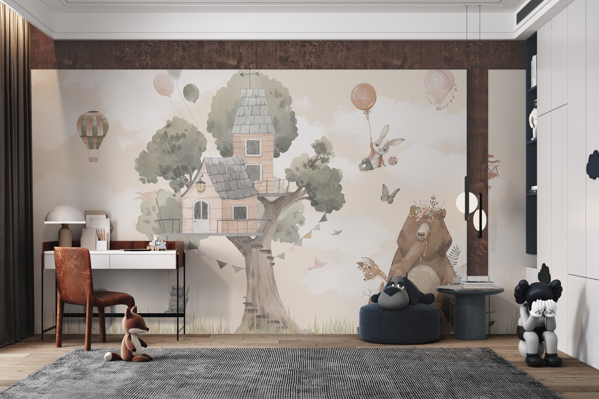 Watercolor animals and treehouse wallpaper for children’s walls