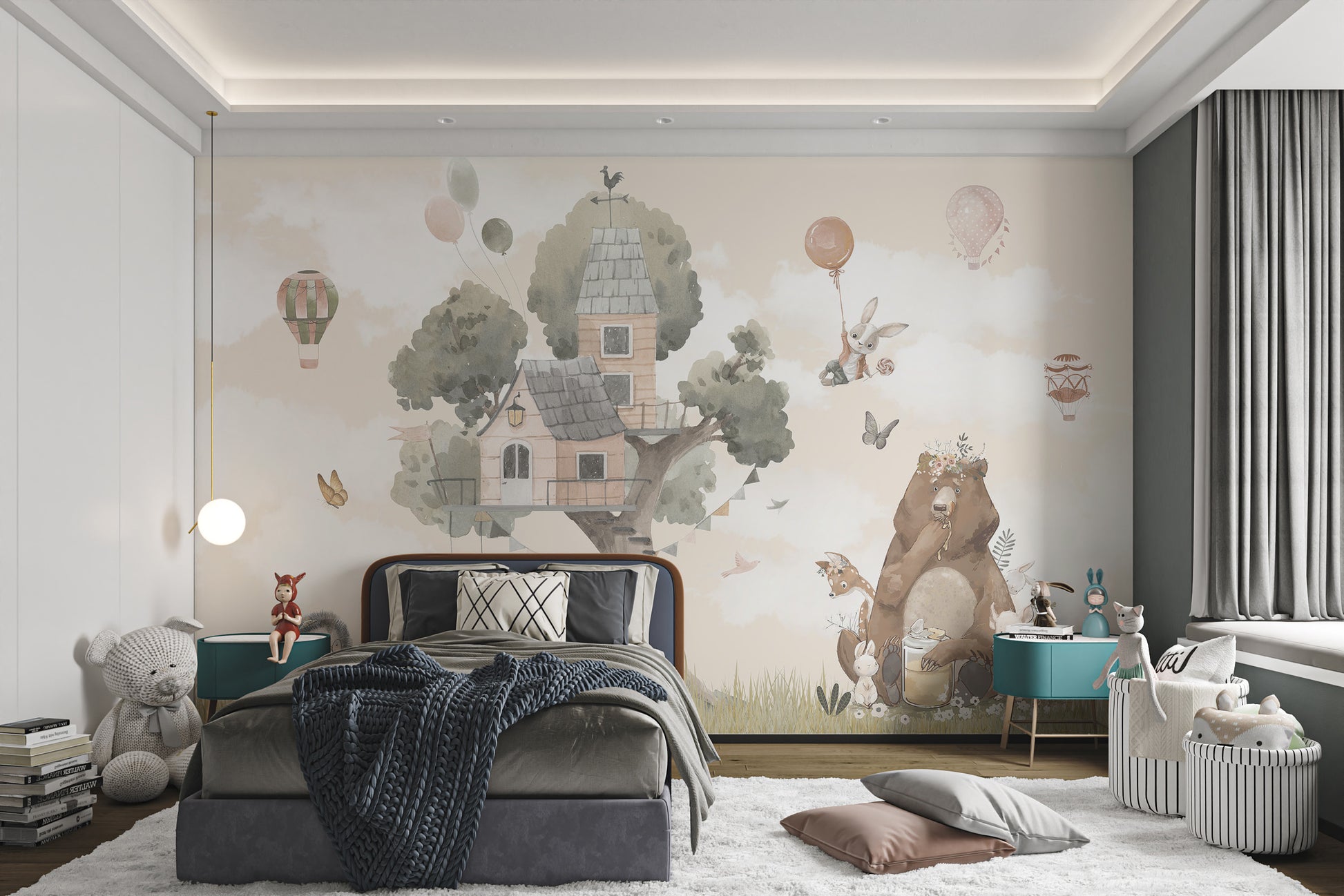 Playful treehouse and animals watercolor wallpaper for kids