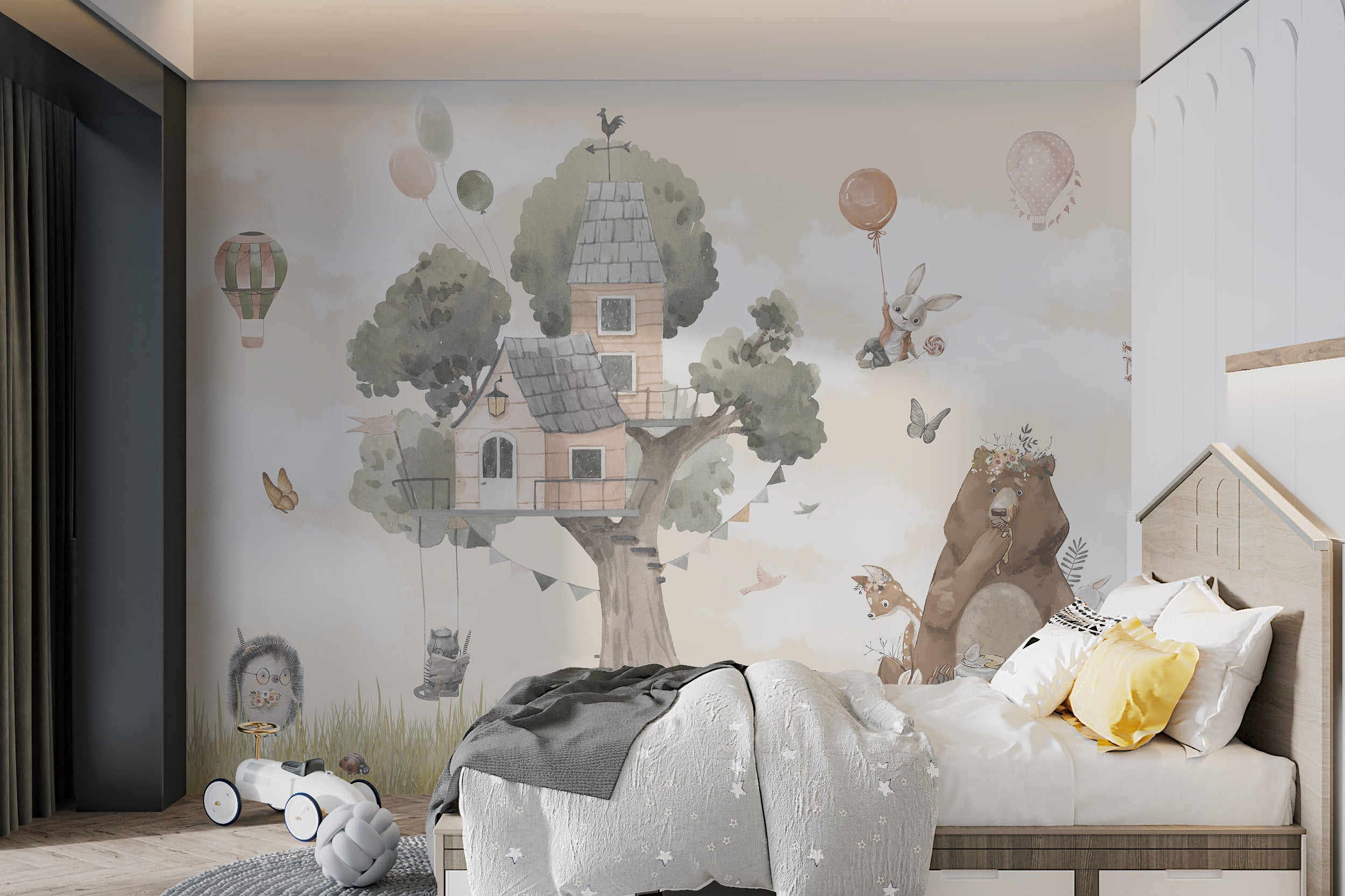 Whimsical kids’ wallpaper with animals and treehouse artwork