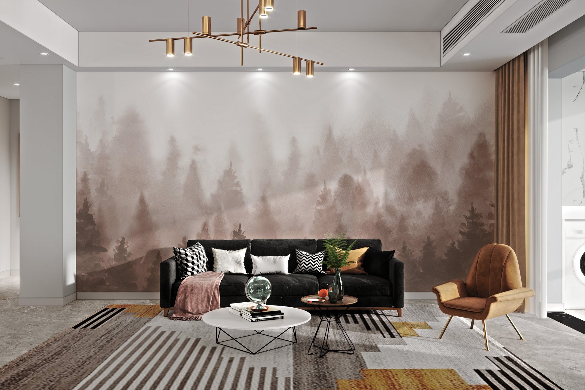 Brown pine forest wallpaper with watercolor design