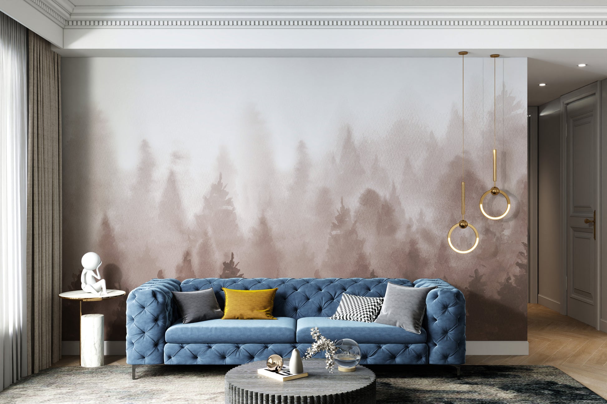 Watercolor pine forest mural in earthy brown tones