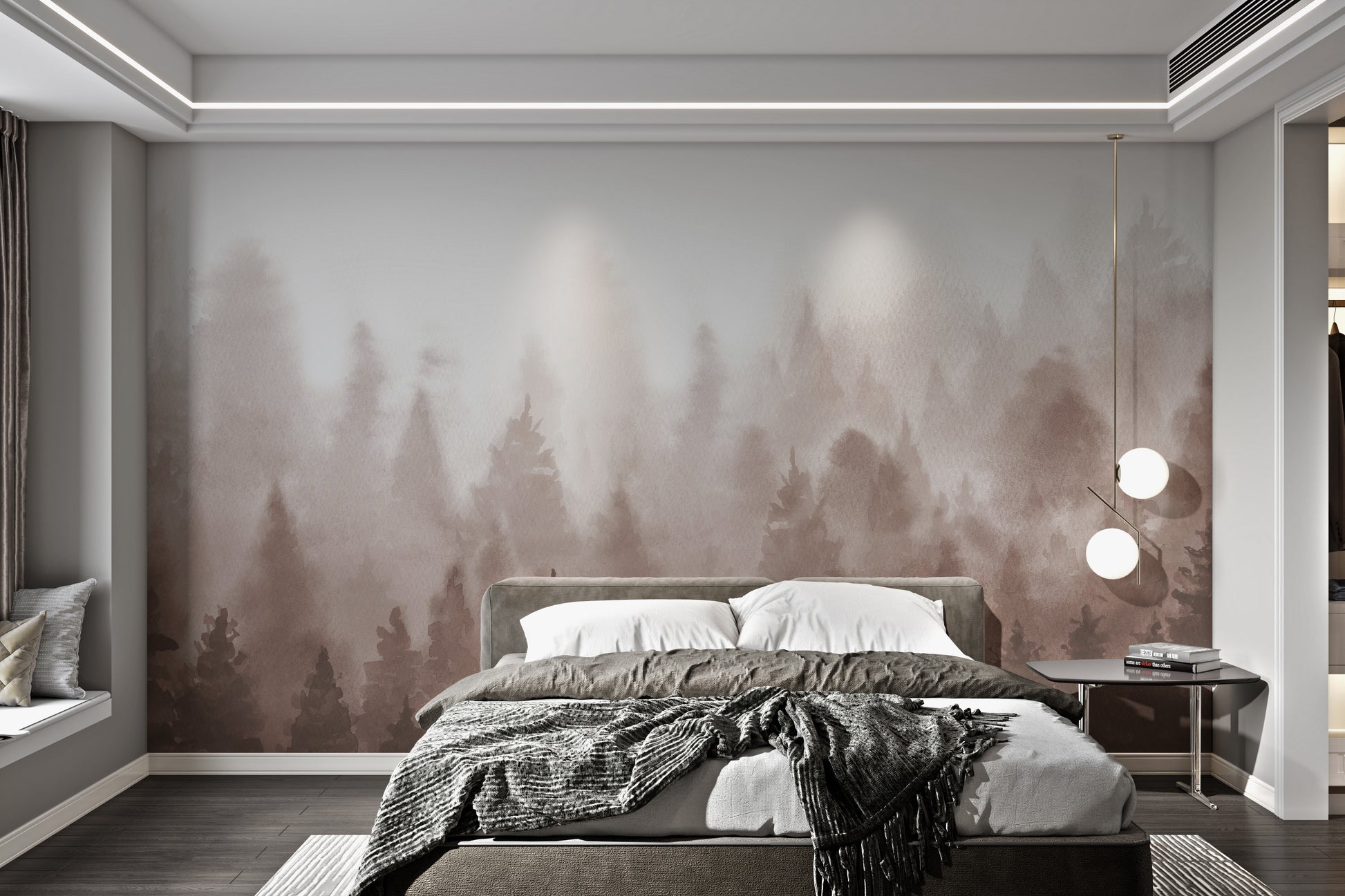 Brown watercolor wallpaper featuring painted pine trees