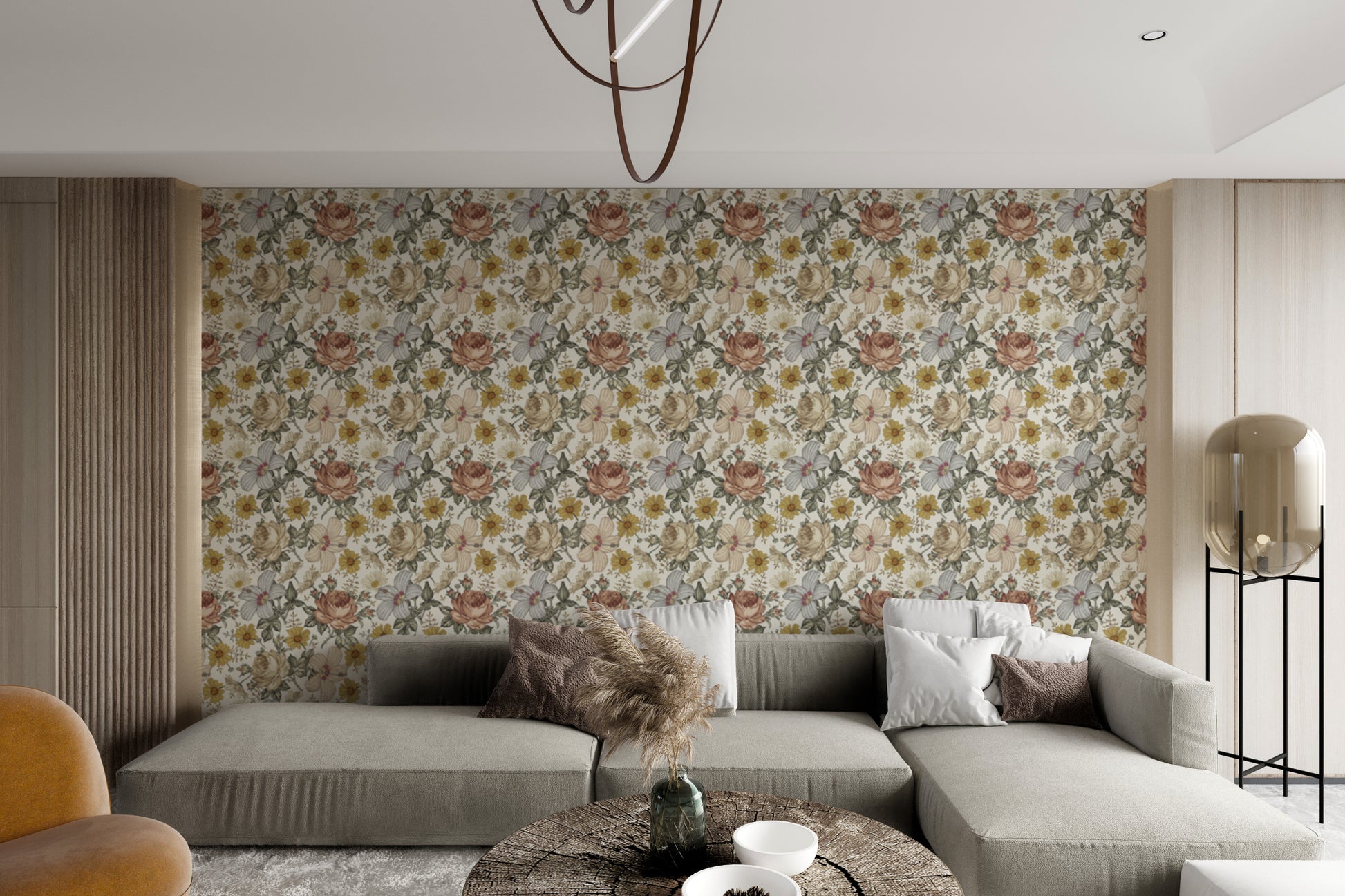 Wall mural featuring intricate wildflower tiles in vintage style