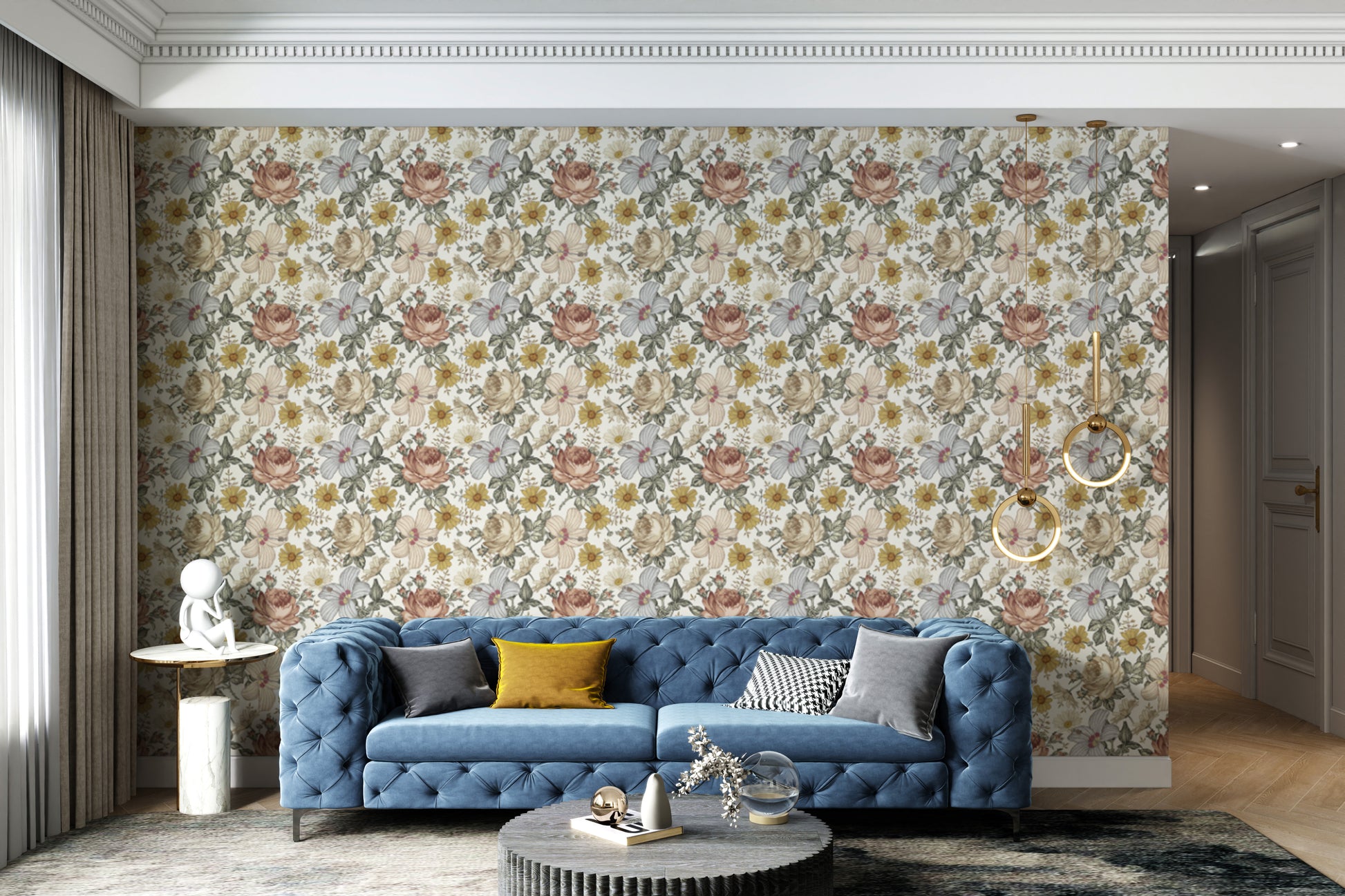 Vintage wildflower mural with classic tile-inspired design