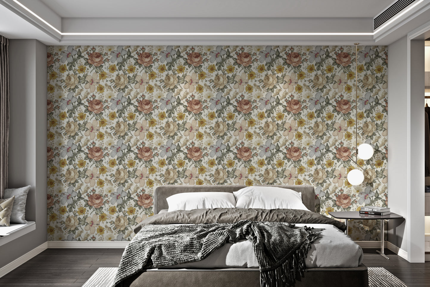 Vintage wall mural featuring delicate wildflower tiles