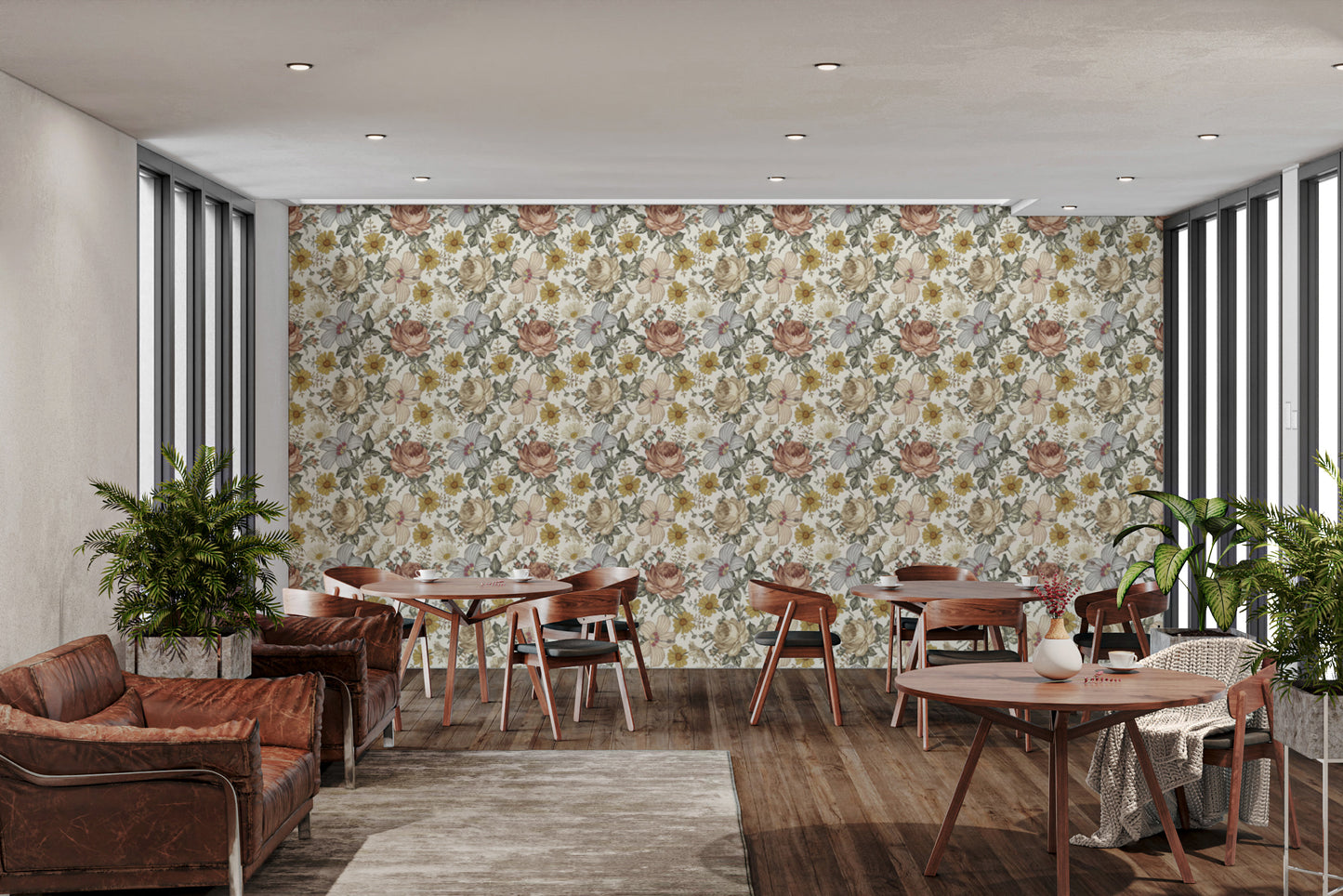 Wildflower tile design in a charming vintage wall mural