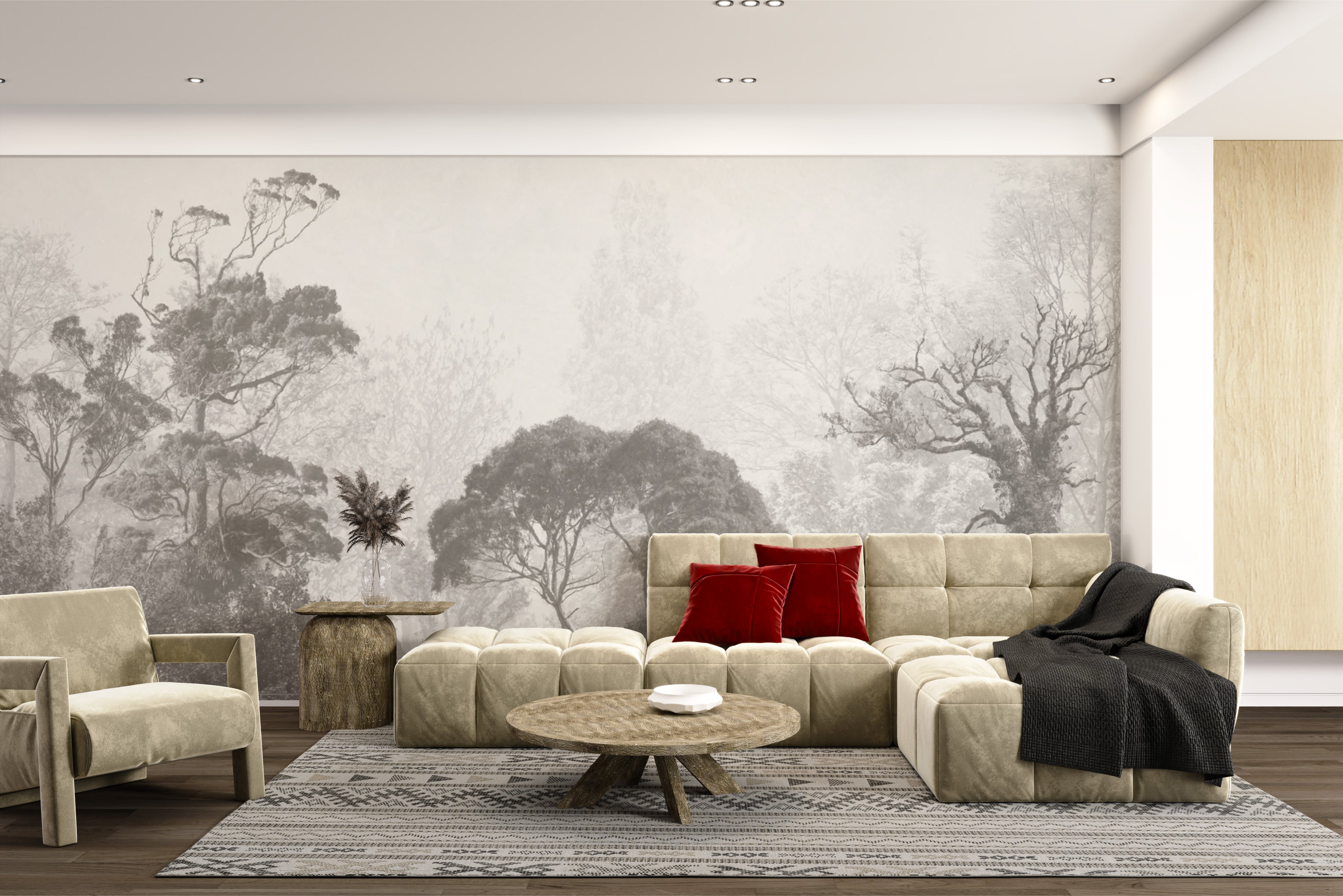 Wall mural featuring misty forest in grunge style