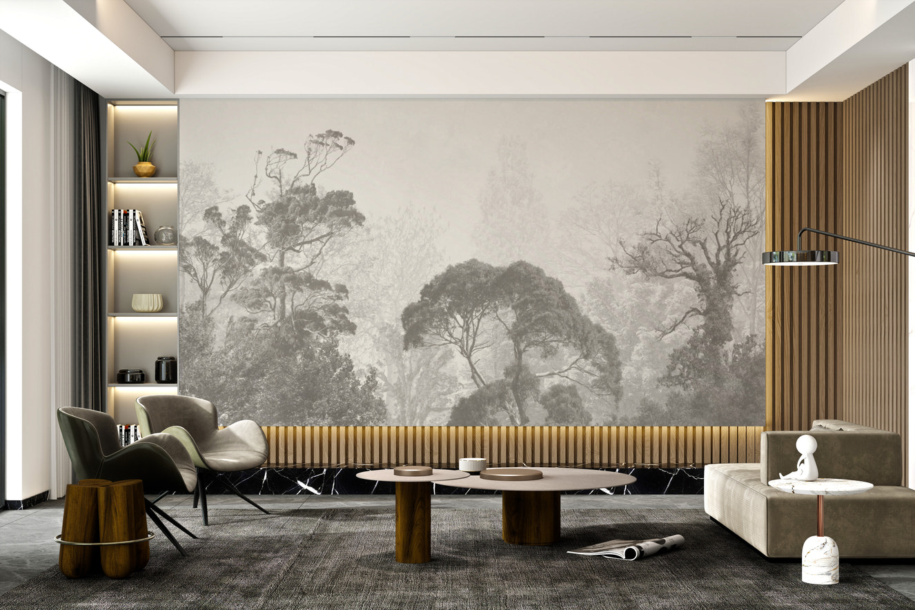 Grunge-inspired misty forest wall mural for moody decor