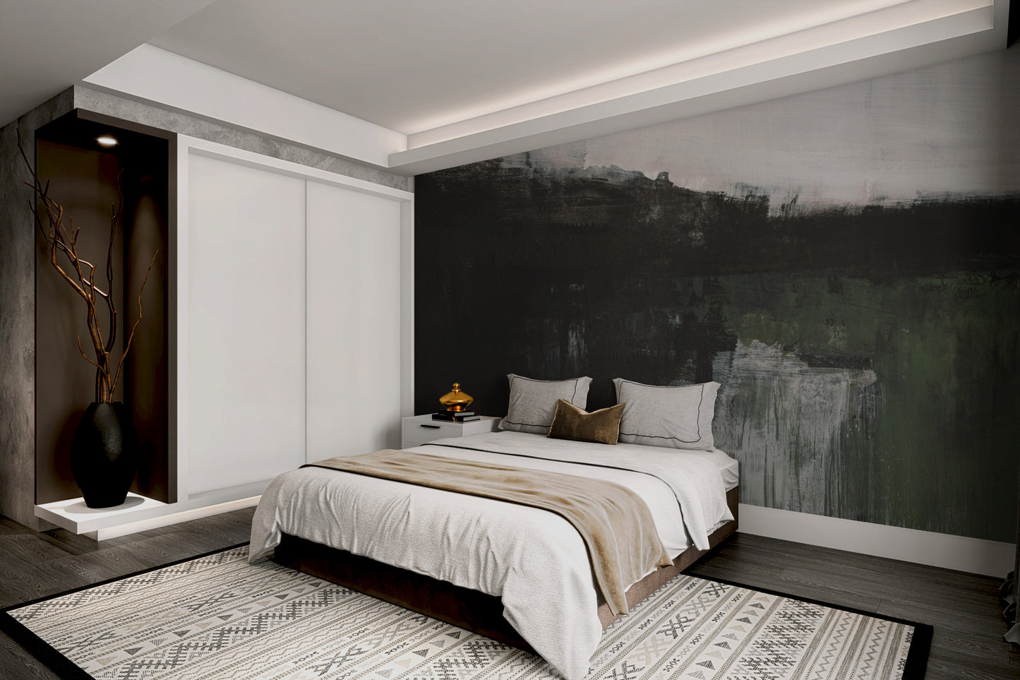 Stunning hand-painted wall mural featuring a serene landscape