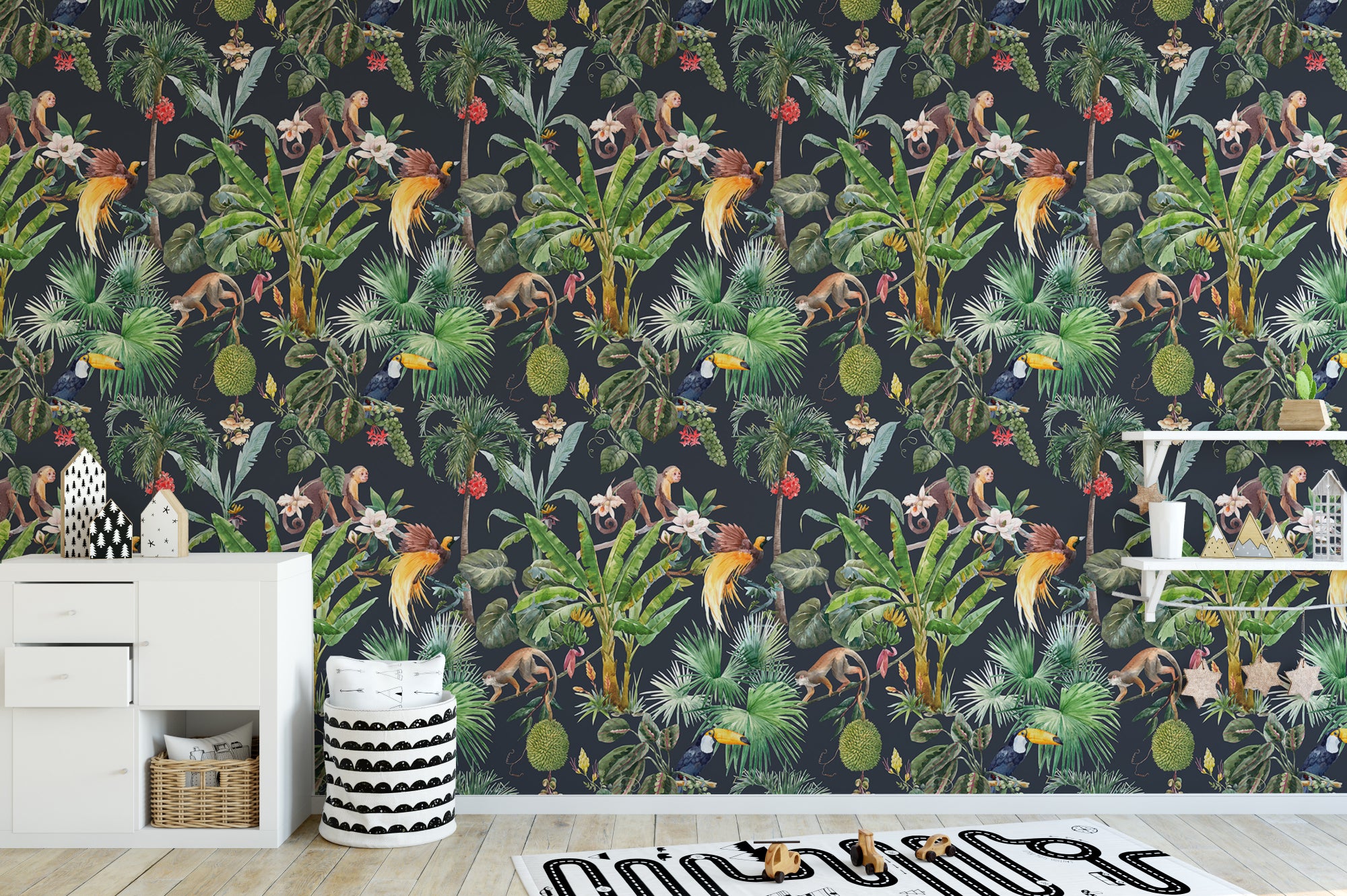 Tropical floral pattern creating a seamless wall design