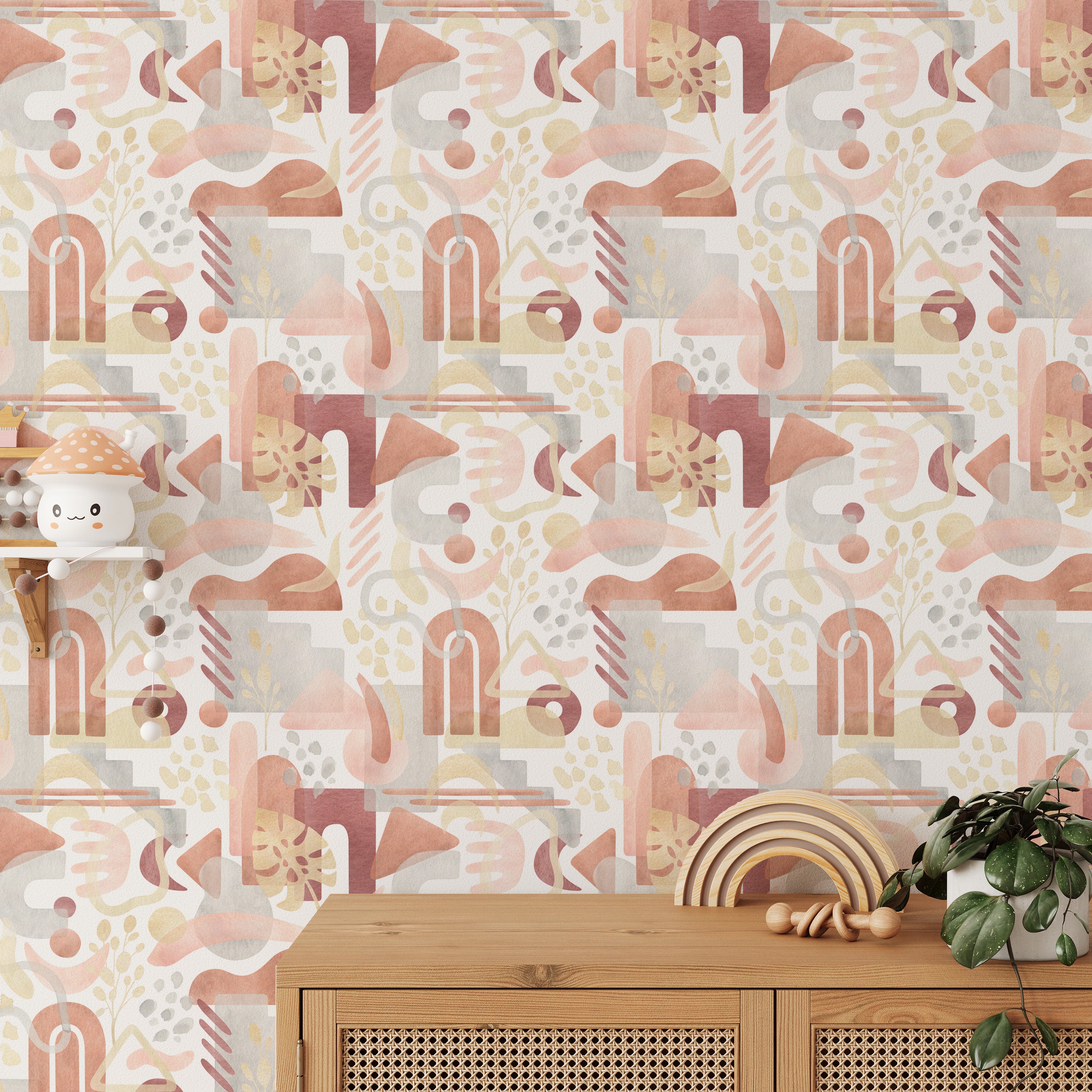 Soft watercolor tones in Boho-style wall patterns.