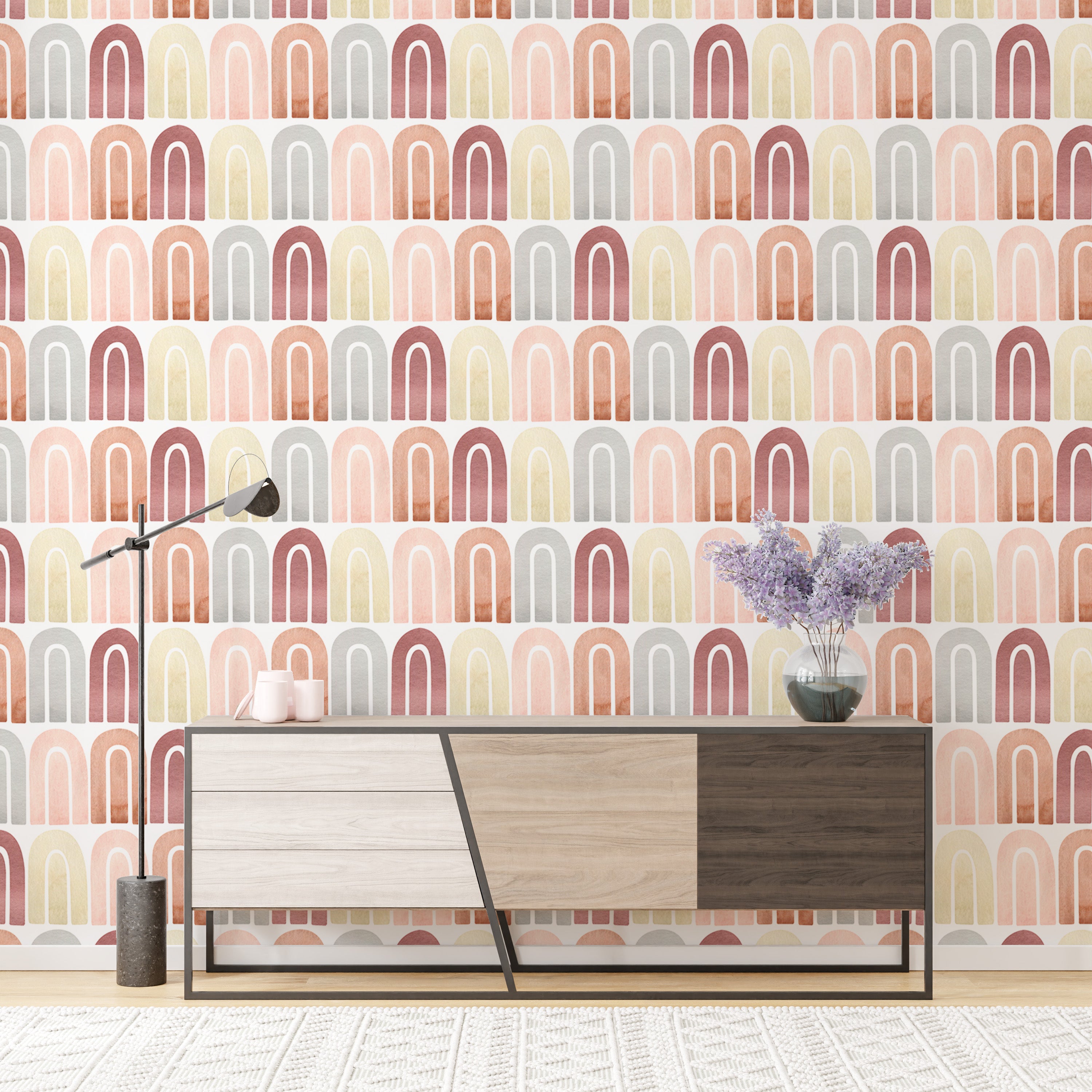 Boho peel and stick wallpaper with pastel colors.