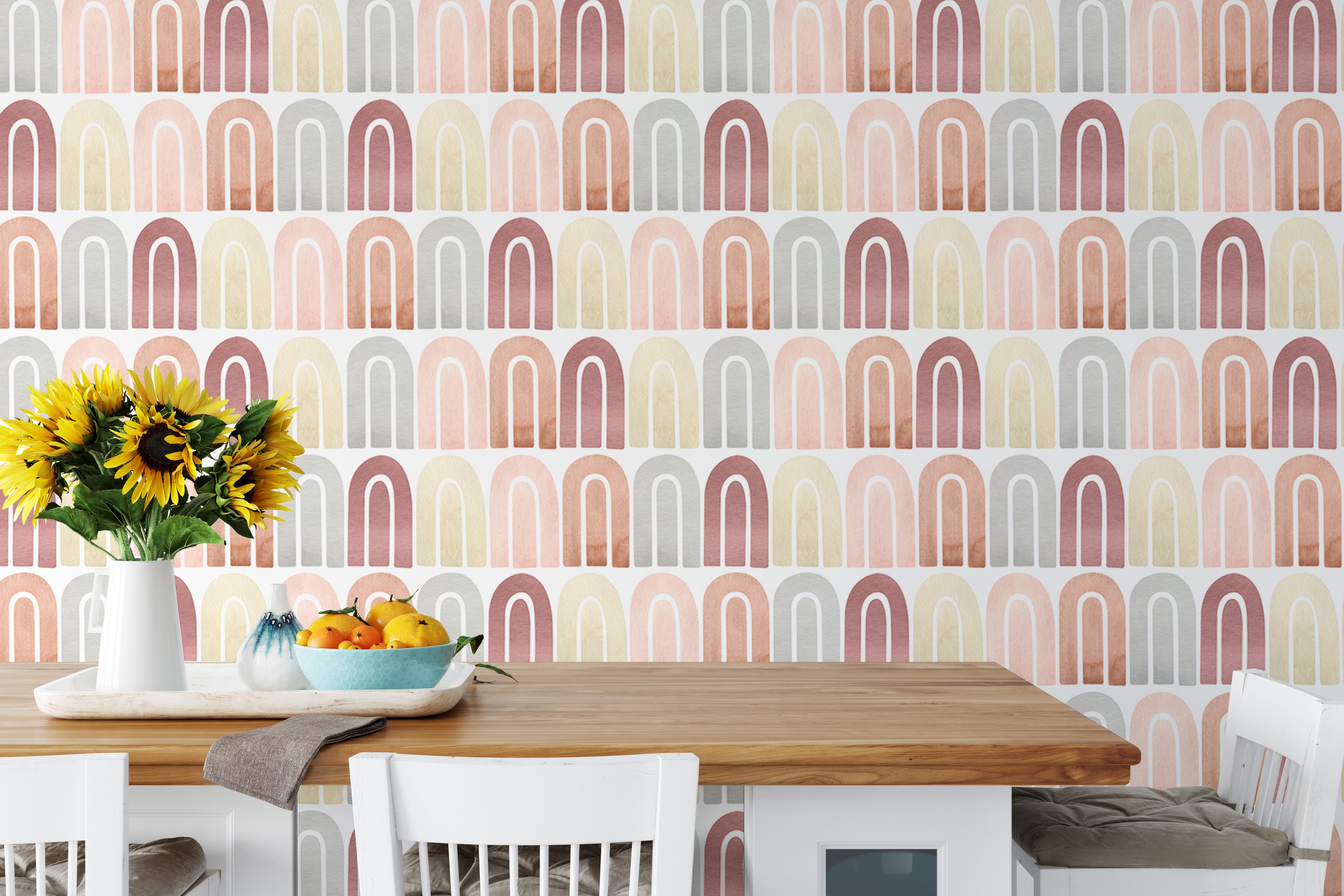 Soft pastel tones in peel and stick Boho wallpaper.